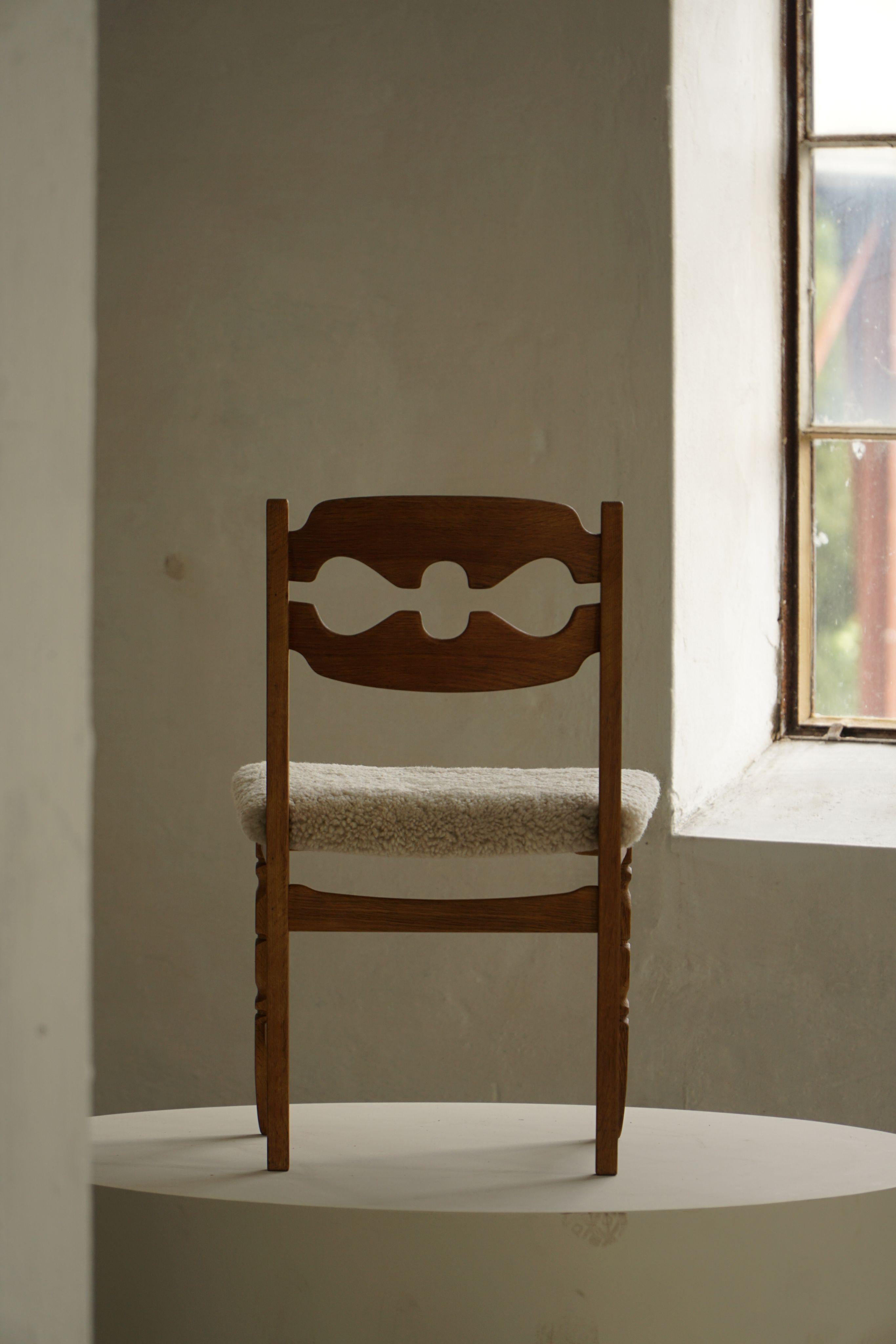 Set of 6 Henning Kjærnulf “Razorblade” Dining Chairs in Oak & Lambswool, 1960s For Sale 8