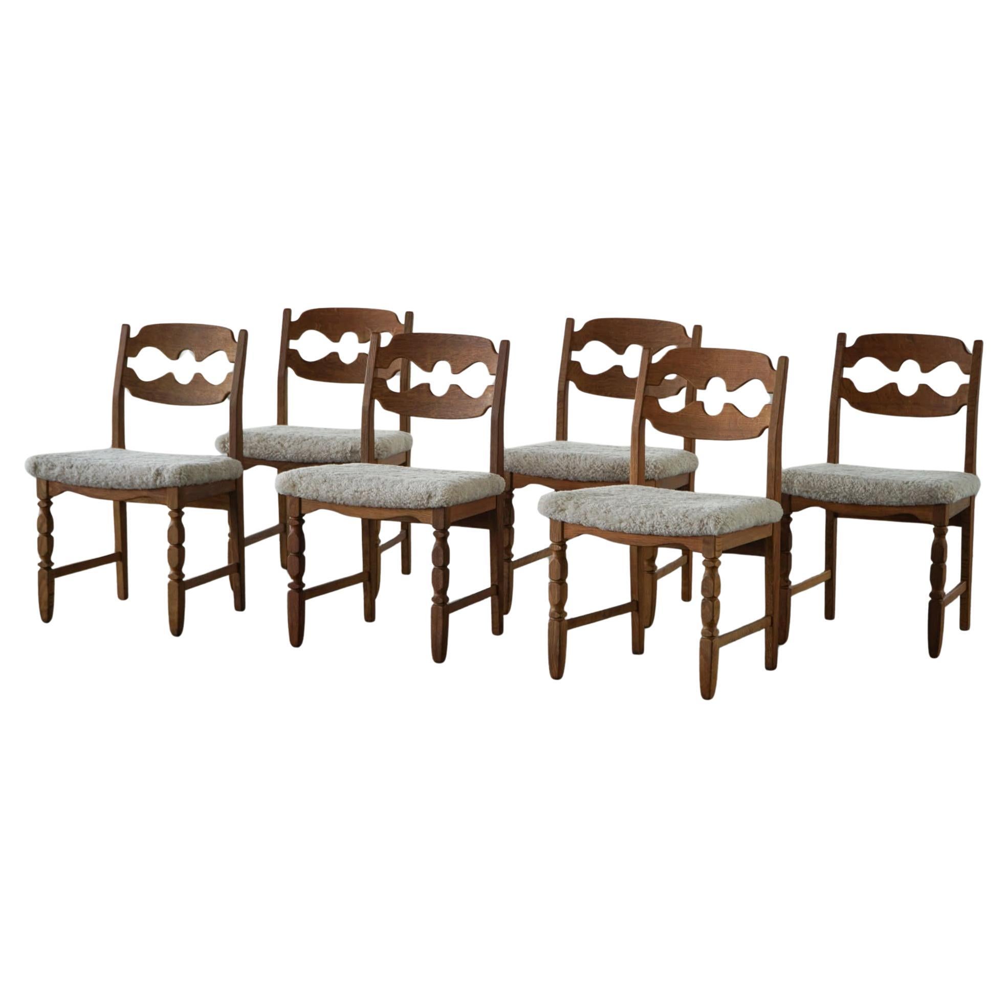 Set of 6 Henning Kjærnulf “Razorblade” Dining Chairs in Oak & Lambswool, 1960s
