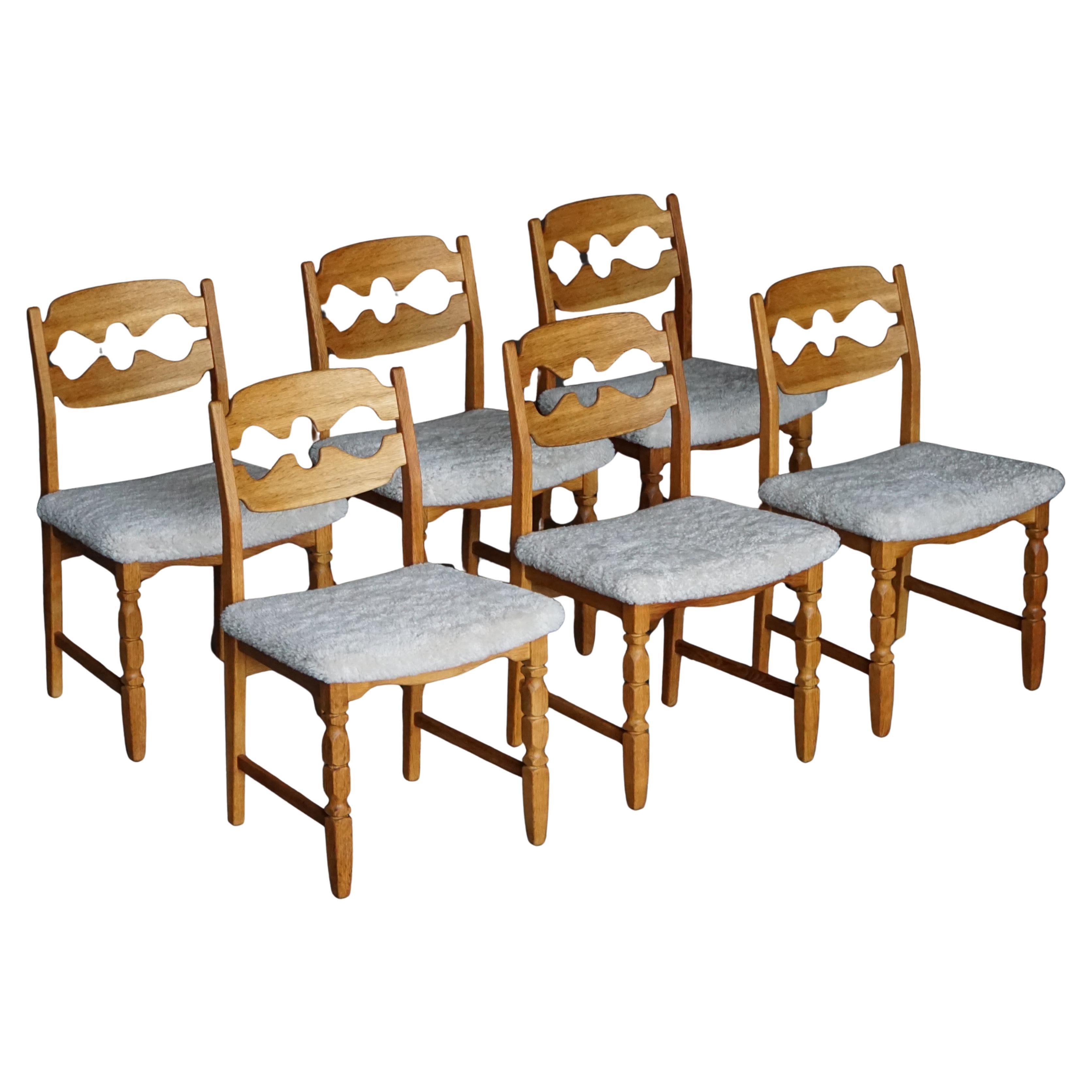 Set of 6 Henning Kjærnulf “Razorblade” Dining Chairs in Oak 
Lambswool, 1960s in vendita