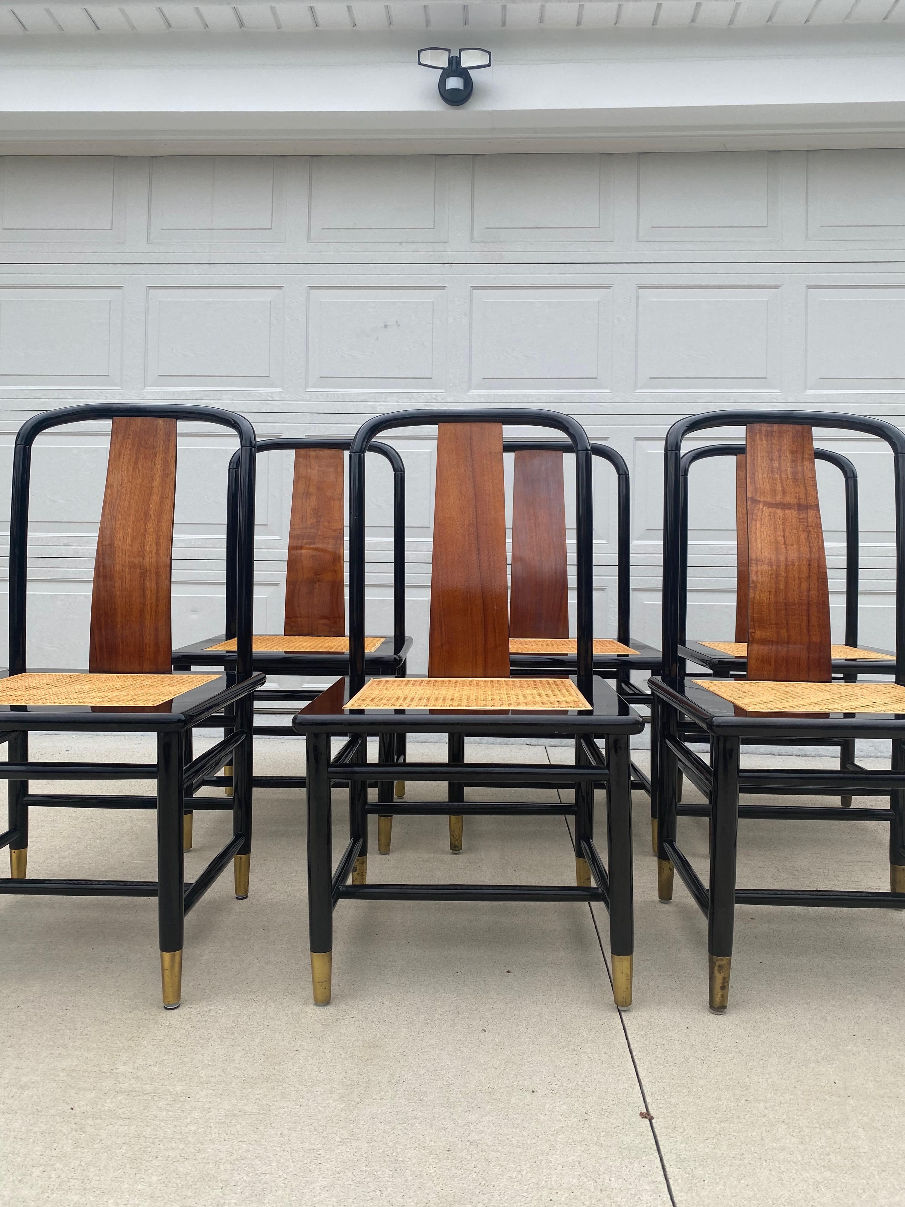 Set of 6 Henredon Scene III Lacquer and Burl Dining Chairs in great condition.  In black lacquer with burl walnut back accents, caned seat panels and brass ferrules, these were a modernist interpretation of the Classic Ming chair designed for the