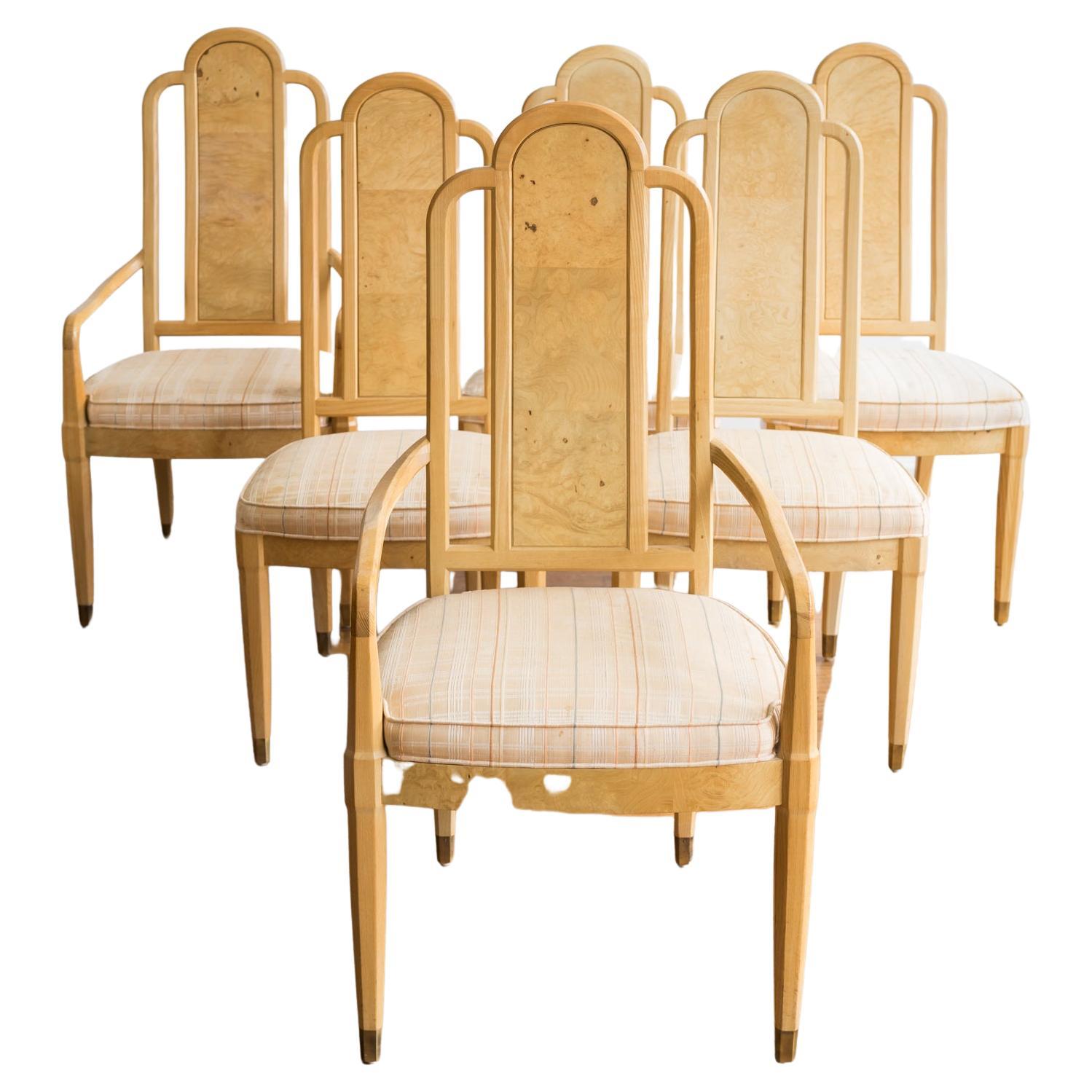 Measures: 19” x 22” 42.5H, seat height 18; arm height 24.

Stunning set of 6 splat-back dining chairs from Henredon's Scene Two line. This line marked a departure from Henredon's typical ornate designs in dark wood and introduced a lighter, more