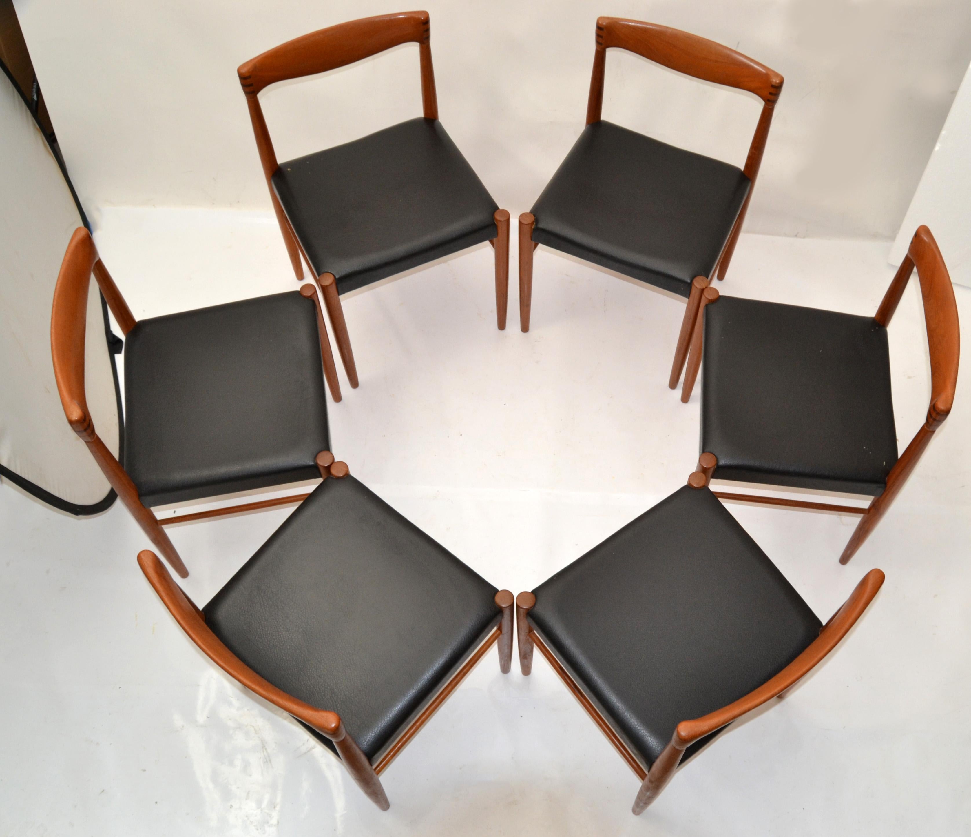 Set of 6 Henry Walter Klein Teak & Black Vinyl Dining Chairs Scandinavian Modern For Sale 5