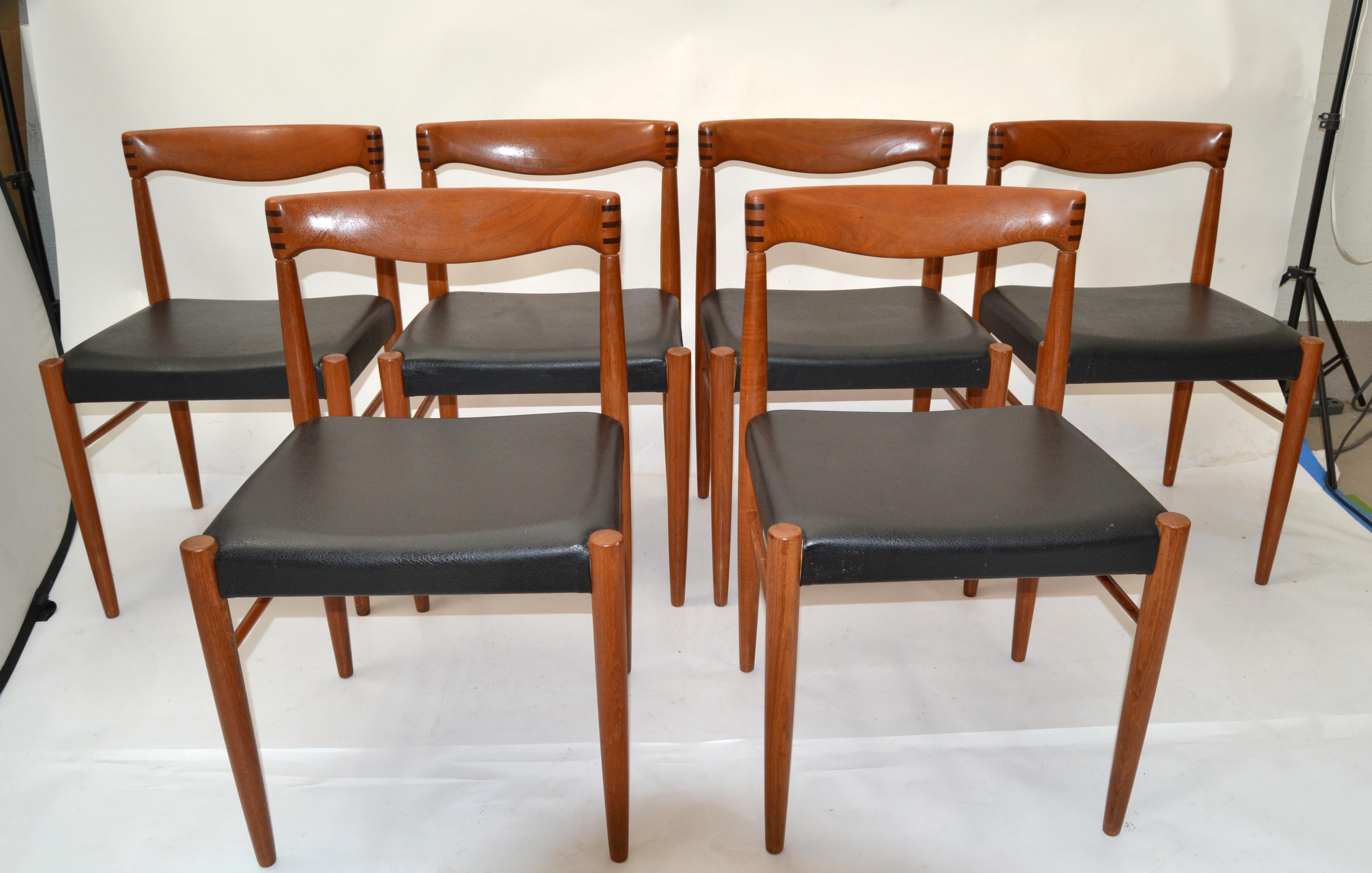 Set of 6 Henry Walter Klein Teak & Black Vinyl Dining Chairs Scandinavian Modern For Sale 6