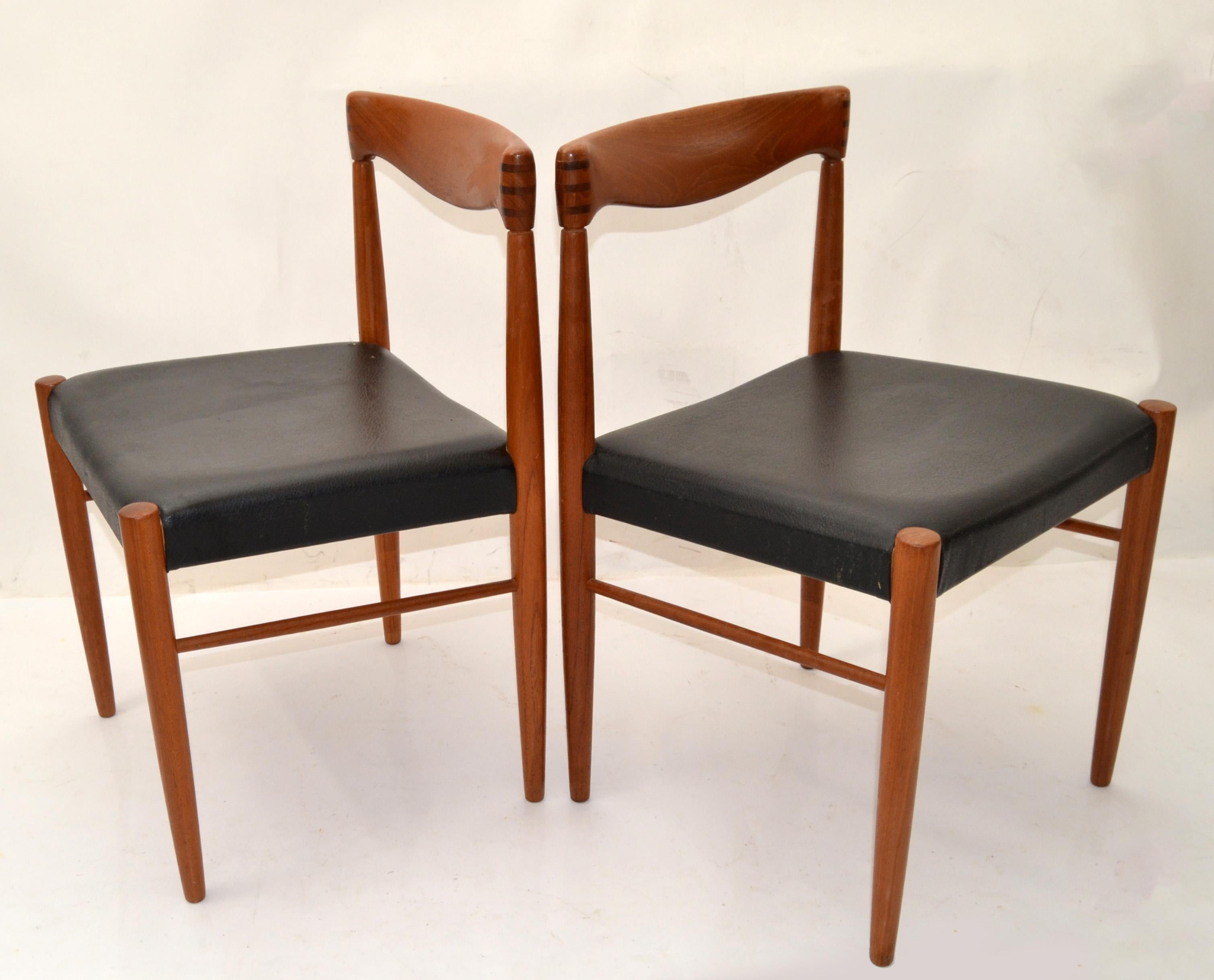 Set of 6 Henry Walter Klein Teak & Black Vinyl Dining Chairs Scandinavian Modern In Good Condition For Sale In Miami, FL