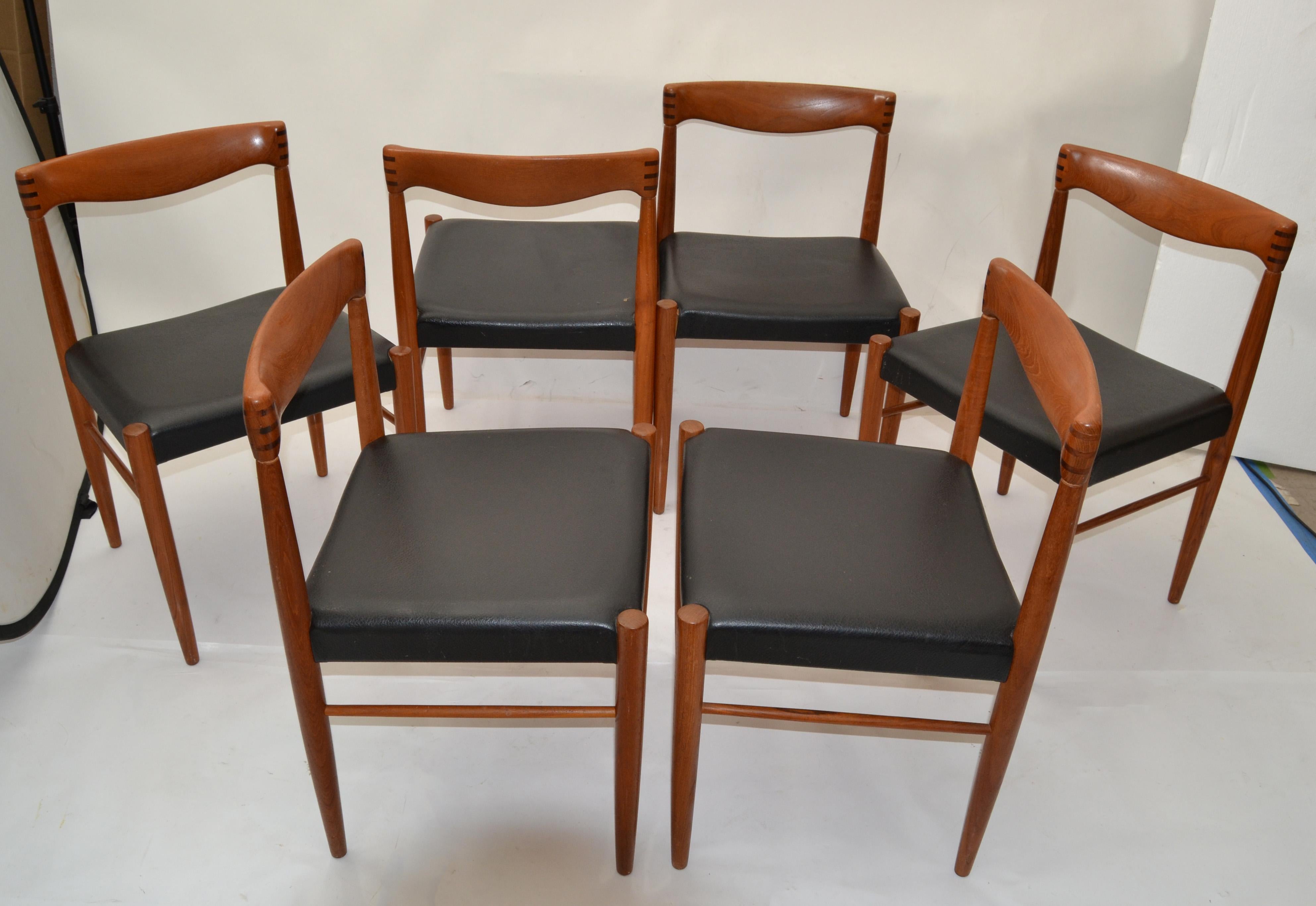 Set of 6 Henry Walter Klein Teak & Black Vinyl Dining Chairs Scandinavian Modern For Sale 3