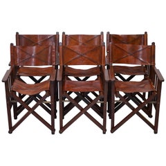 Vintage Set of 6 Heritage Aged Brown Leather Directors Folding Dining Chairs