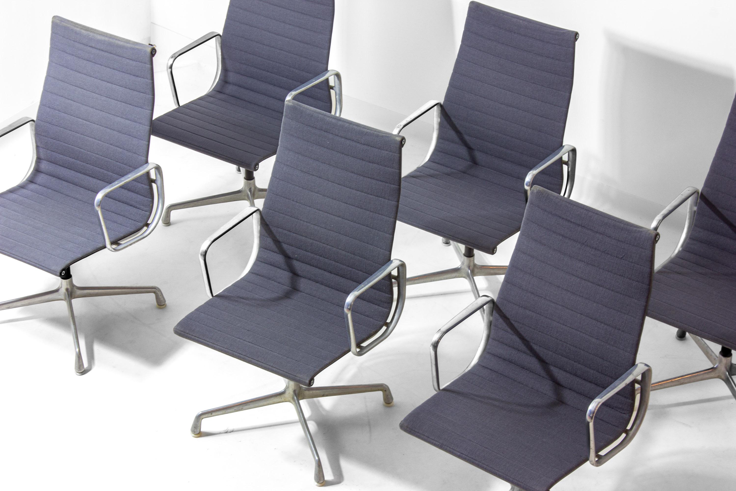 This is a set of six EA109 swivel chairs from Herman Miller, designed by Charles & Rey Eames. The EA109 is part of the Eames Aluminum Group, designed in 1958 for the Miller House in Indiana. The chairs were originally meant for both indoor and