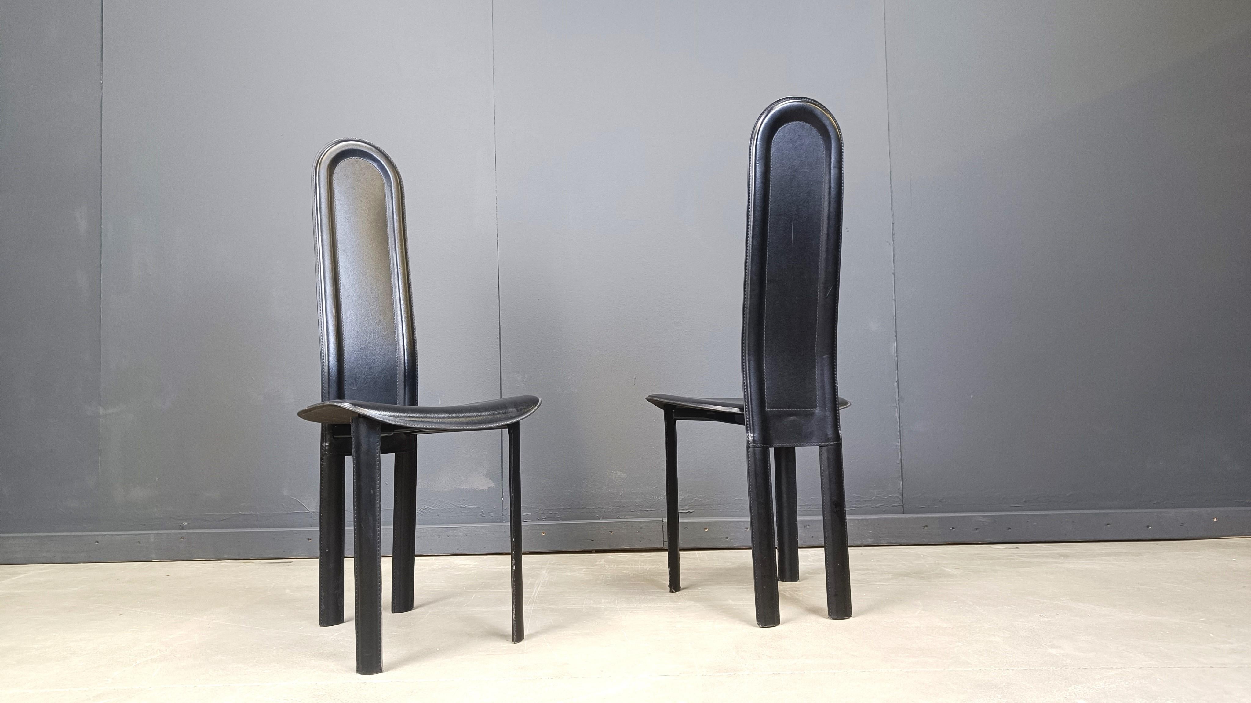 Set of 6 high back black leather dining chairs, 1980s 3