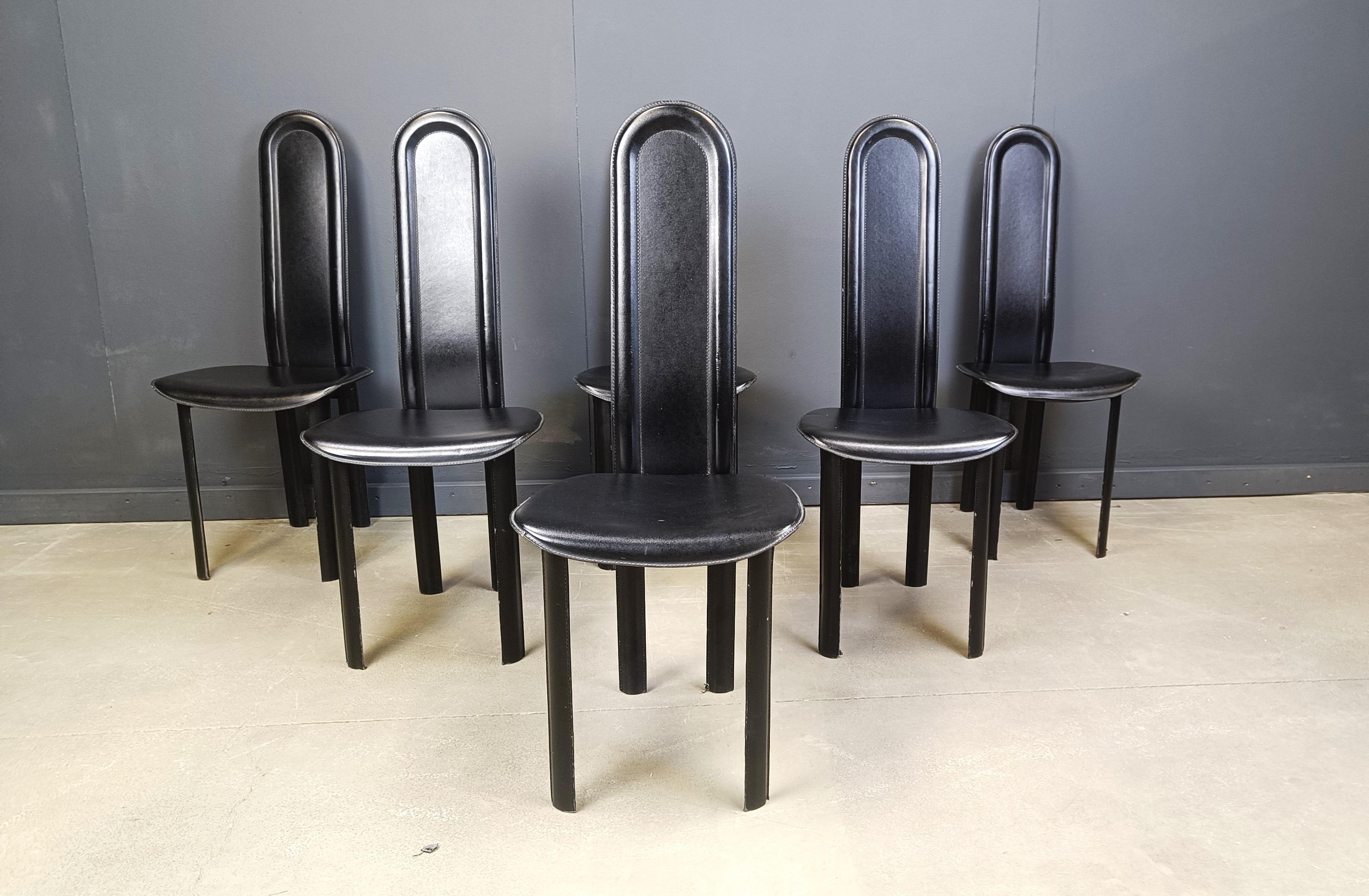 Post-Modern Set of 6 high back black leather dining chairs, 1980s