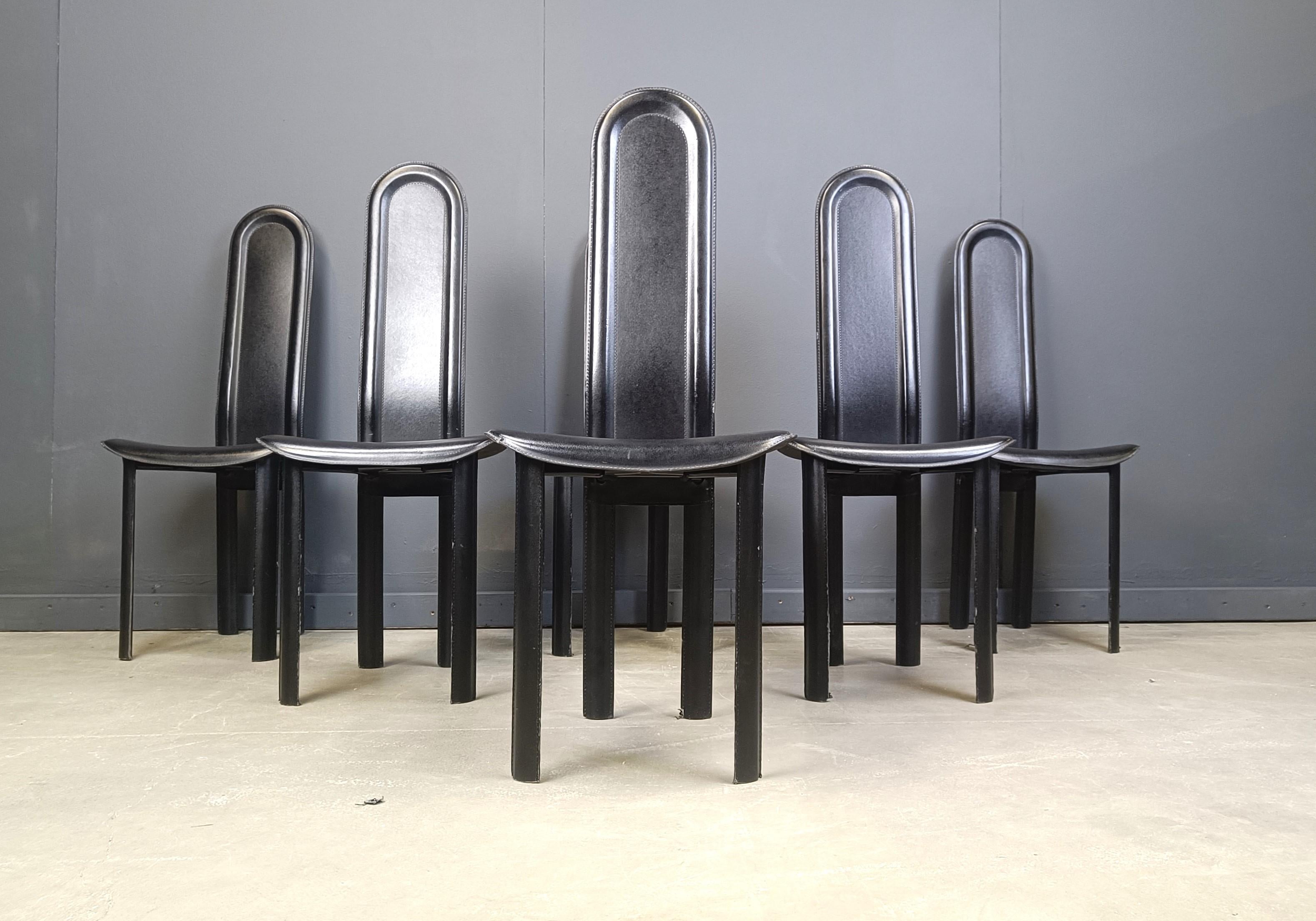 Set of 6 high back black leather dining chairs, 1980s In Good Condition In Leuven, Vlaams Gewest