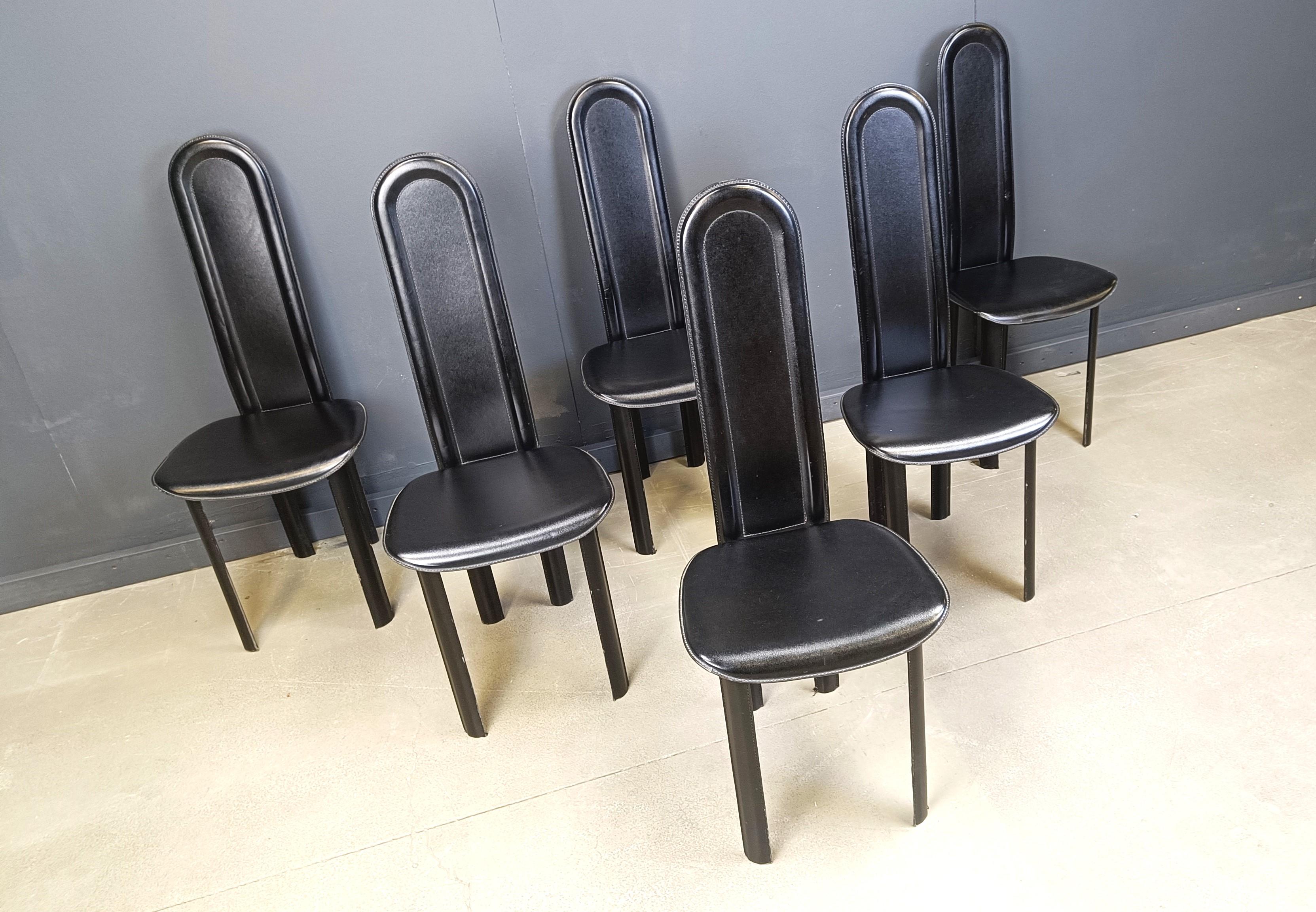 Late 20th Century Set of 6 high back black leather dining chairs, 1980s