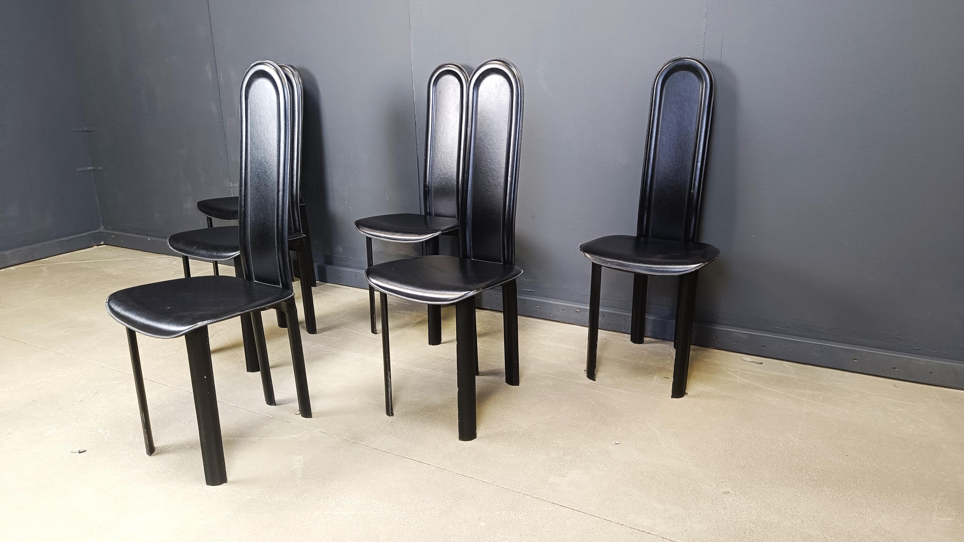 Leather Set of 6 high back black leather dining chairs, 1980s