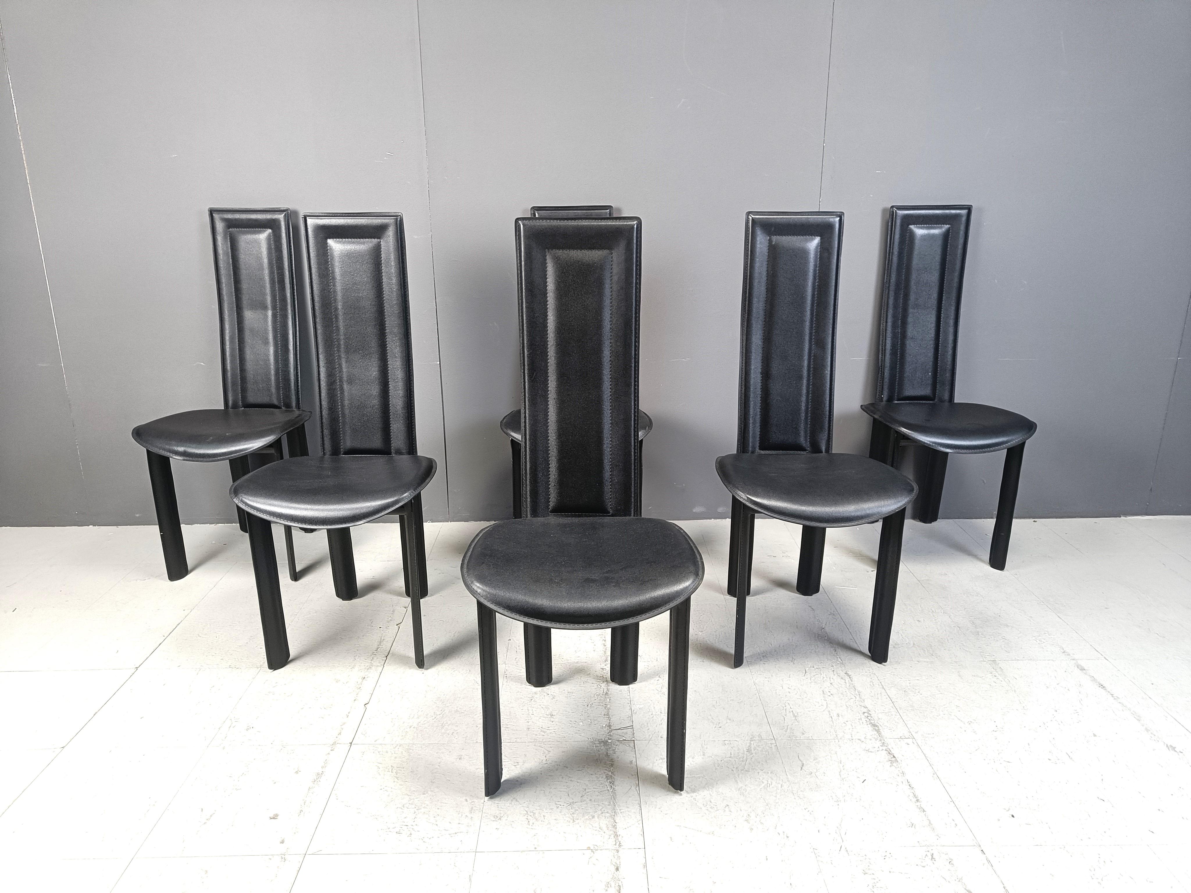 Post-Modern Set of 6 high back leather dining chairs, 1980s