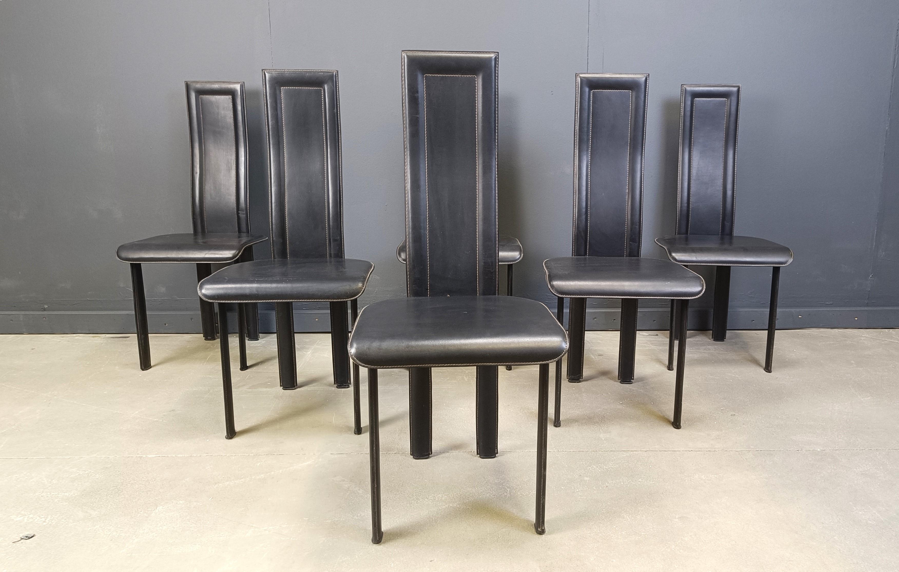 Post-Modern Set of 6 high back leather dining chairs, 1980s For Sale