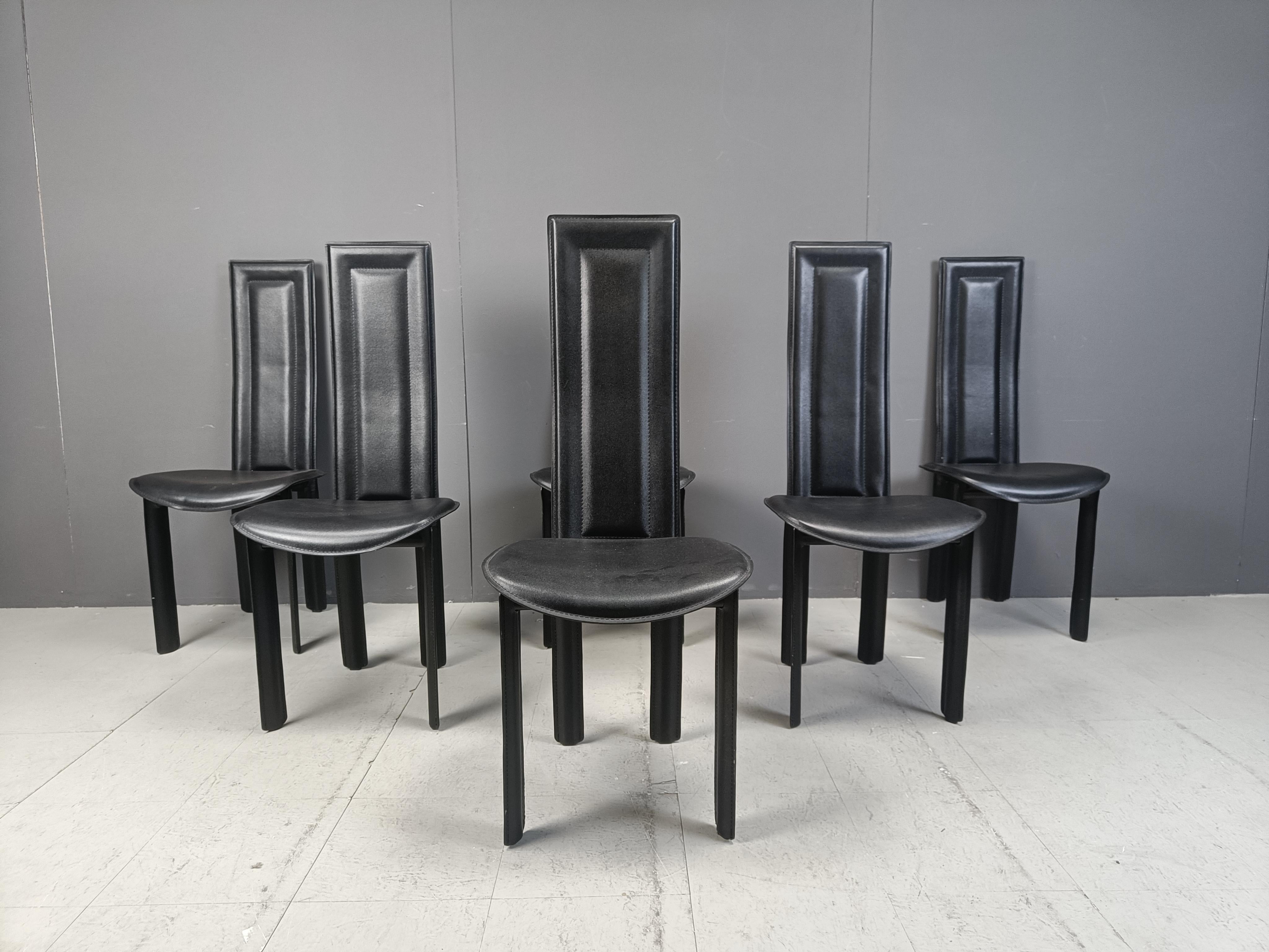 Italian Set of 6 high back leather dining chairs, 1980s