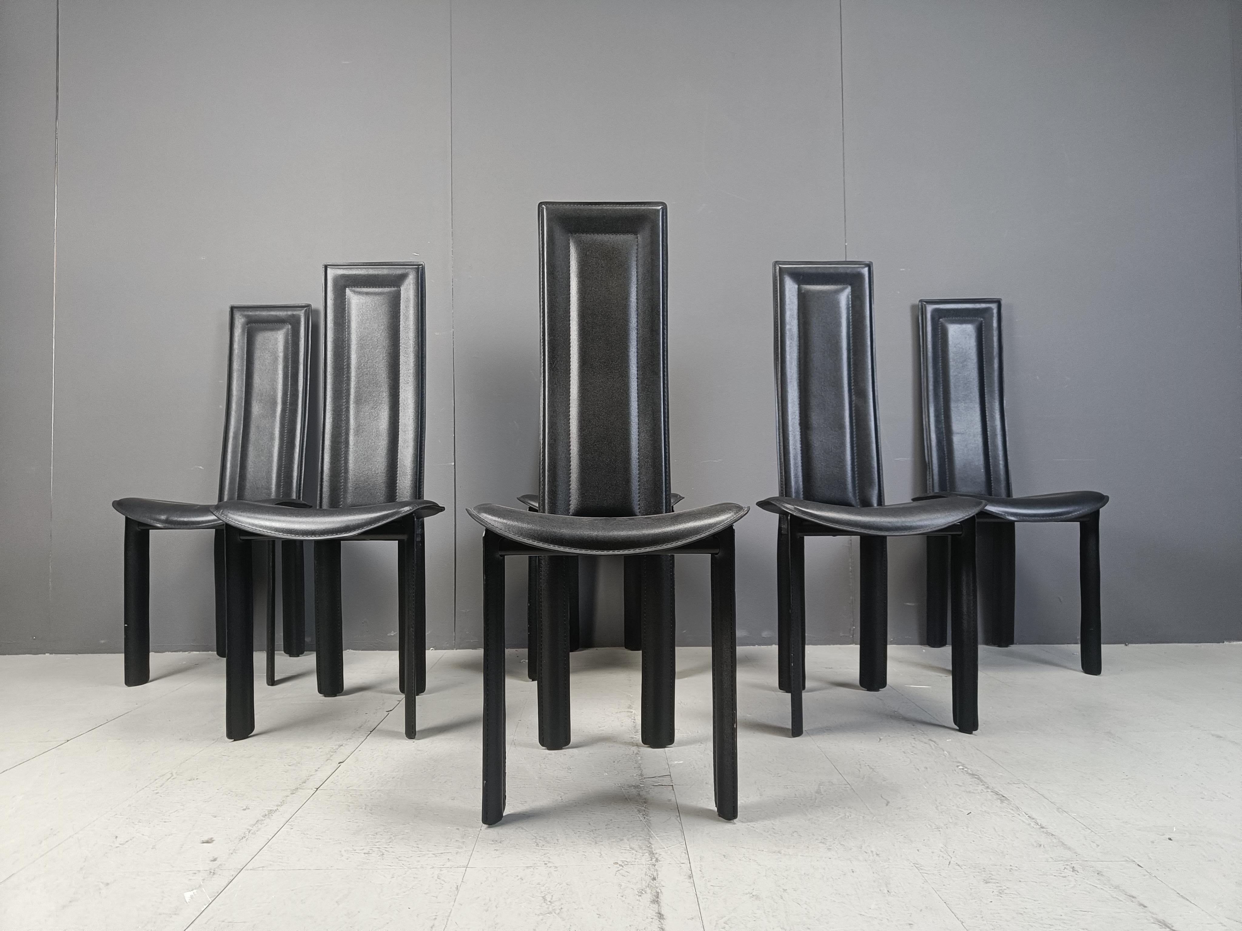 Set of 6 high back leather dining chairs, 1980s In Good Condition In Leuven, Vlaams Gewest
