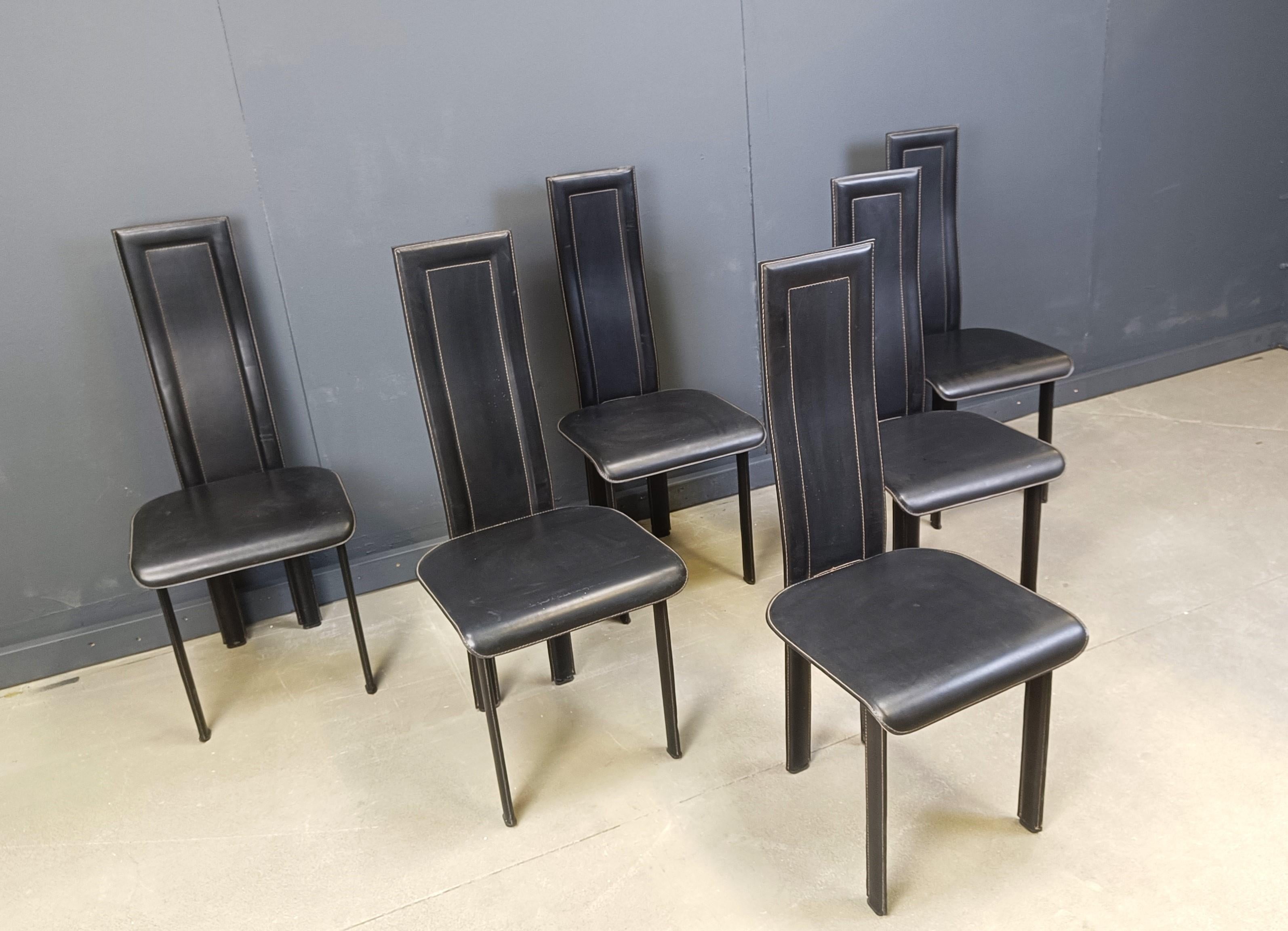 Late 20th Century Set of 6 high back leather dining chairs, 1980s For Sale