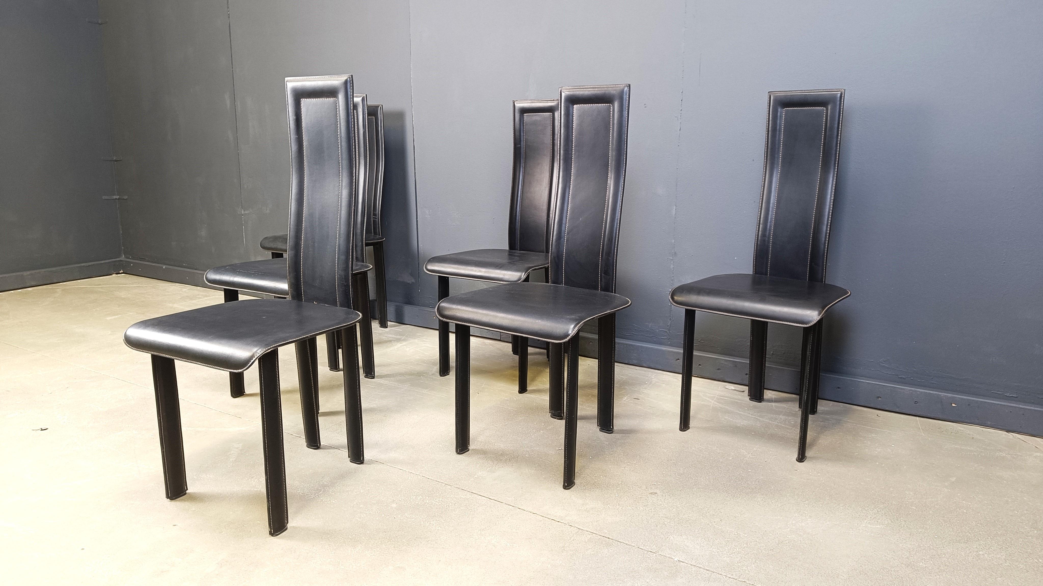 Leather Set of 6 high back leather dining chairs, 1980s For Sale