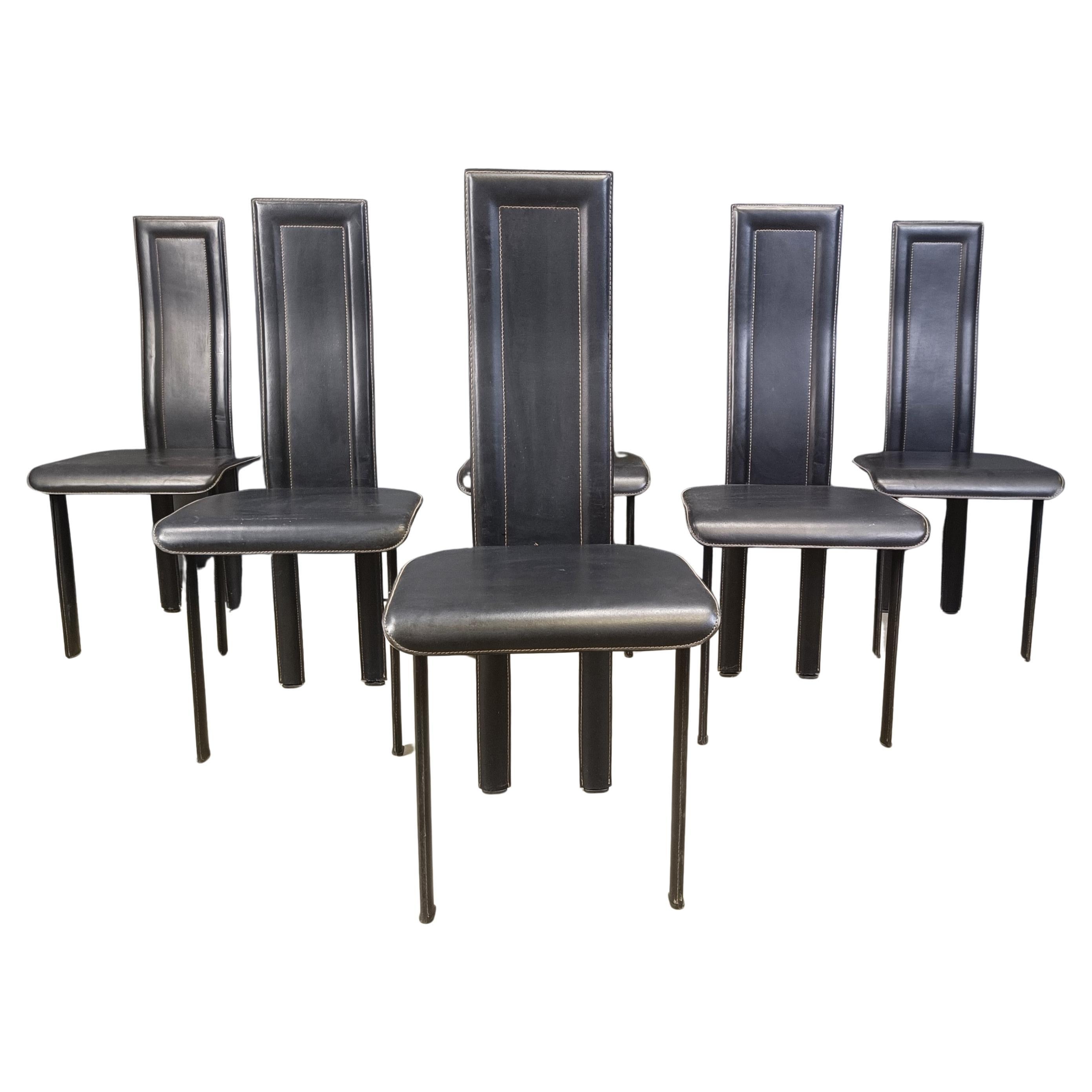 Set of 6 high back leather dining chairs, 1980s