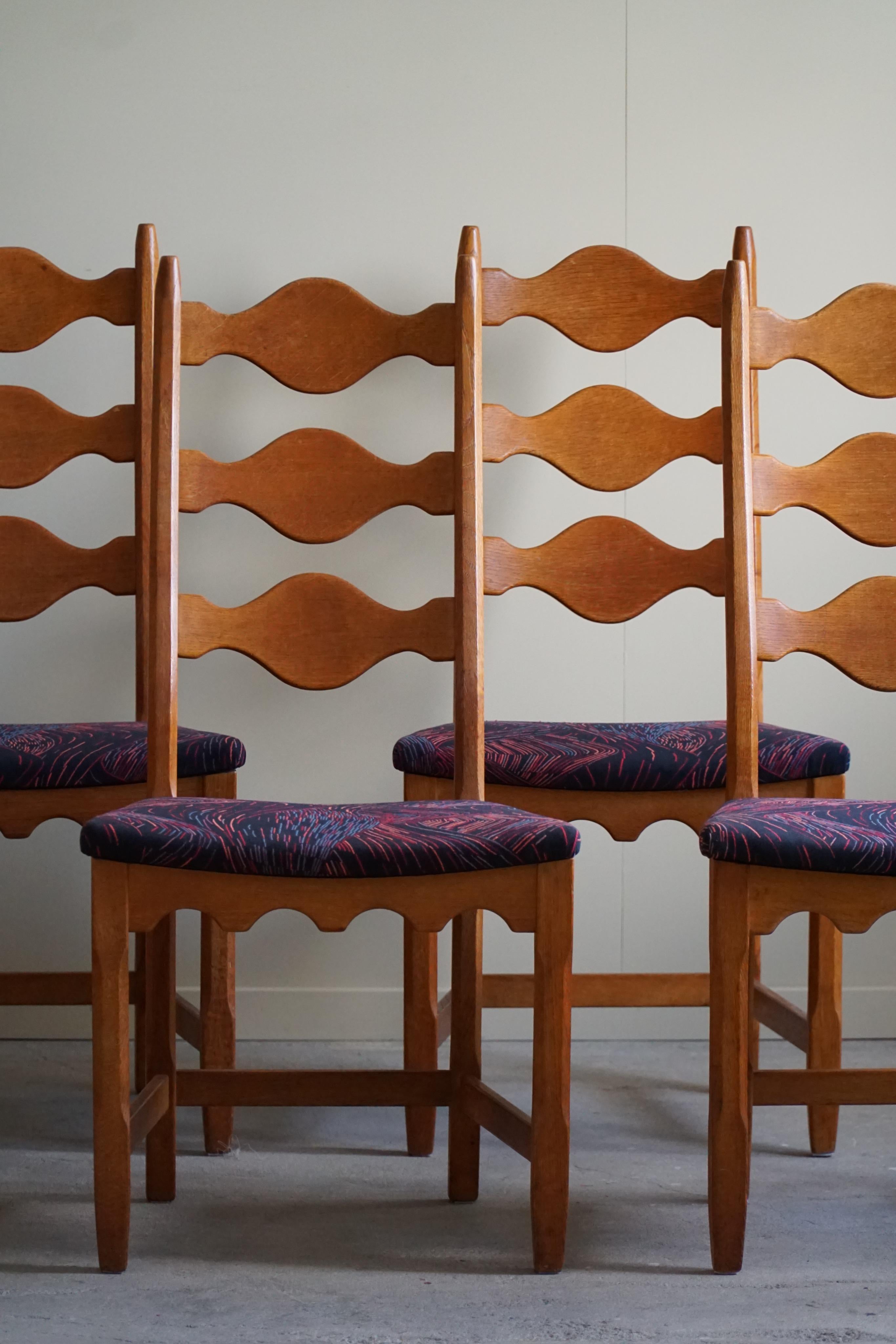 Fabric Set of 6 Highback Dining Chairs in Oak, Danish Modern, Henning Kjærnulf, 1960s