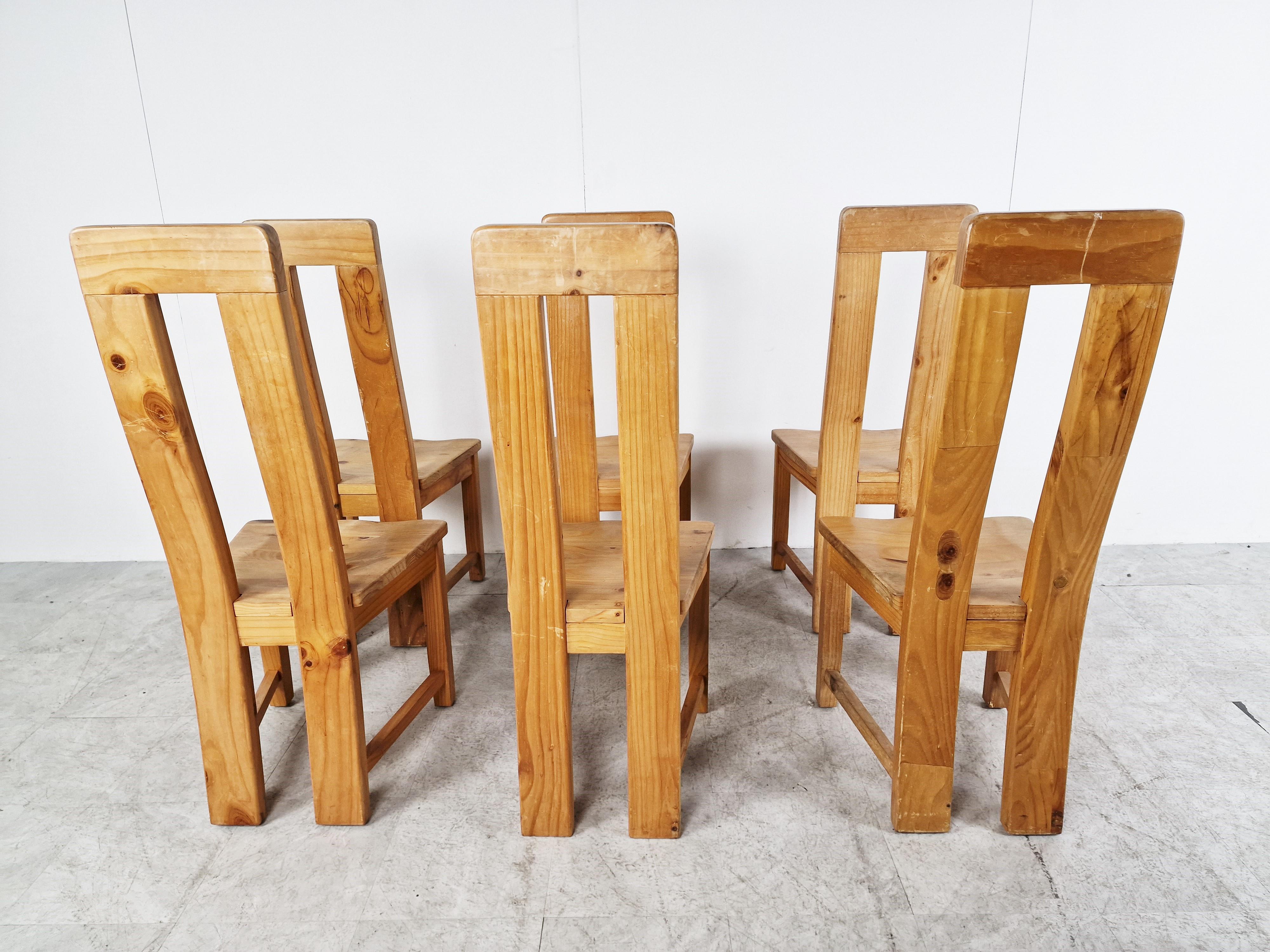 Danish Set of 6 Highback Pine Wood Dining Chairs, 1970s For Sale