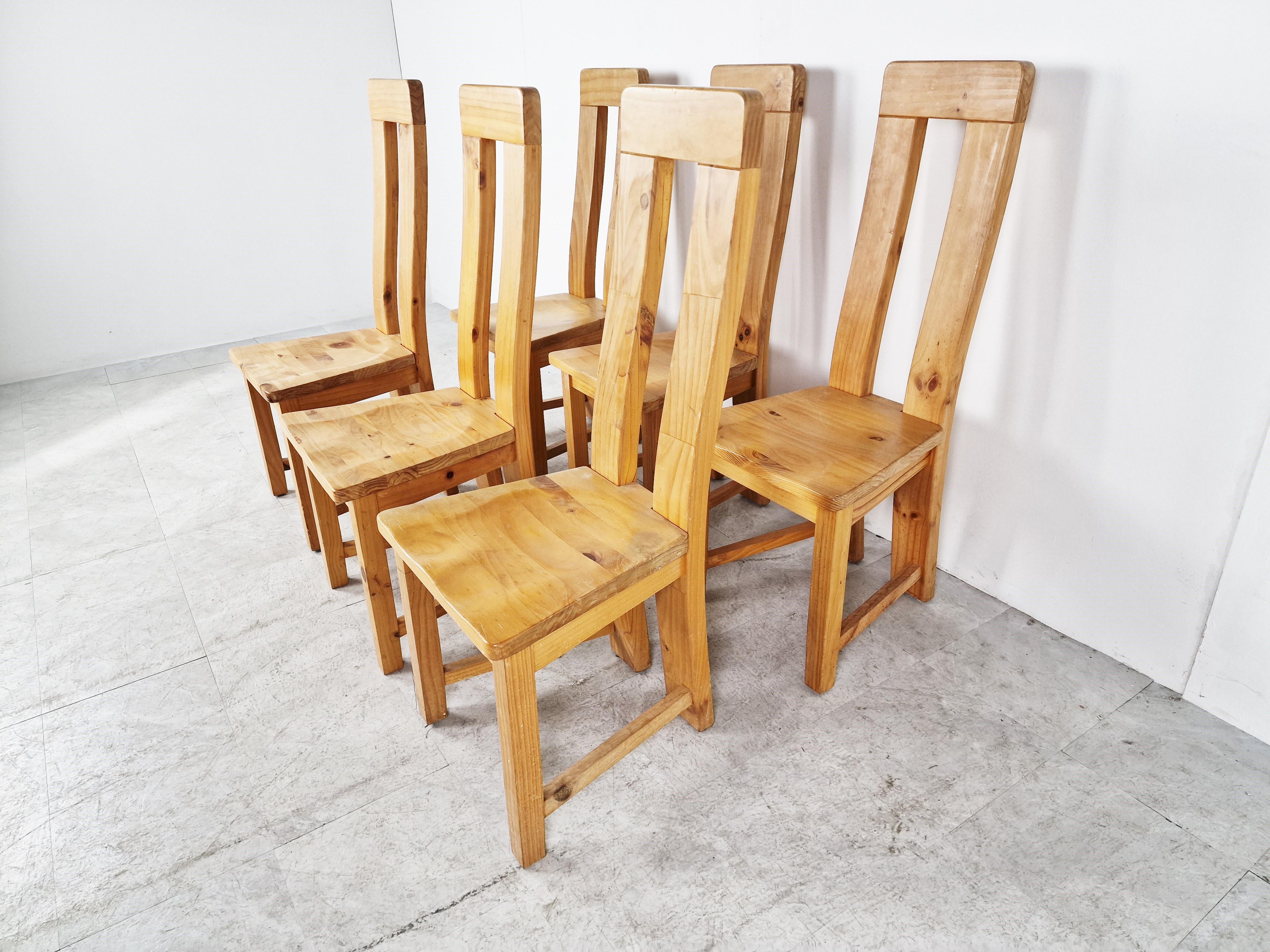 Set of 6 Highback Pine Wood Dining Chairs, 1970s For Sale 2
