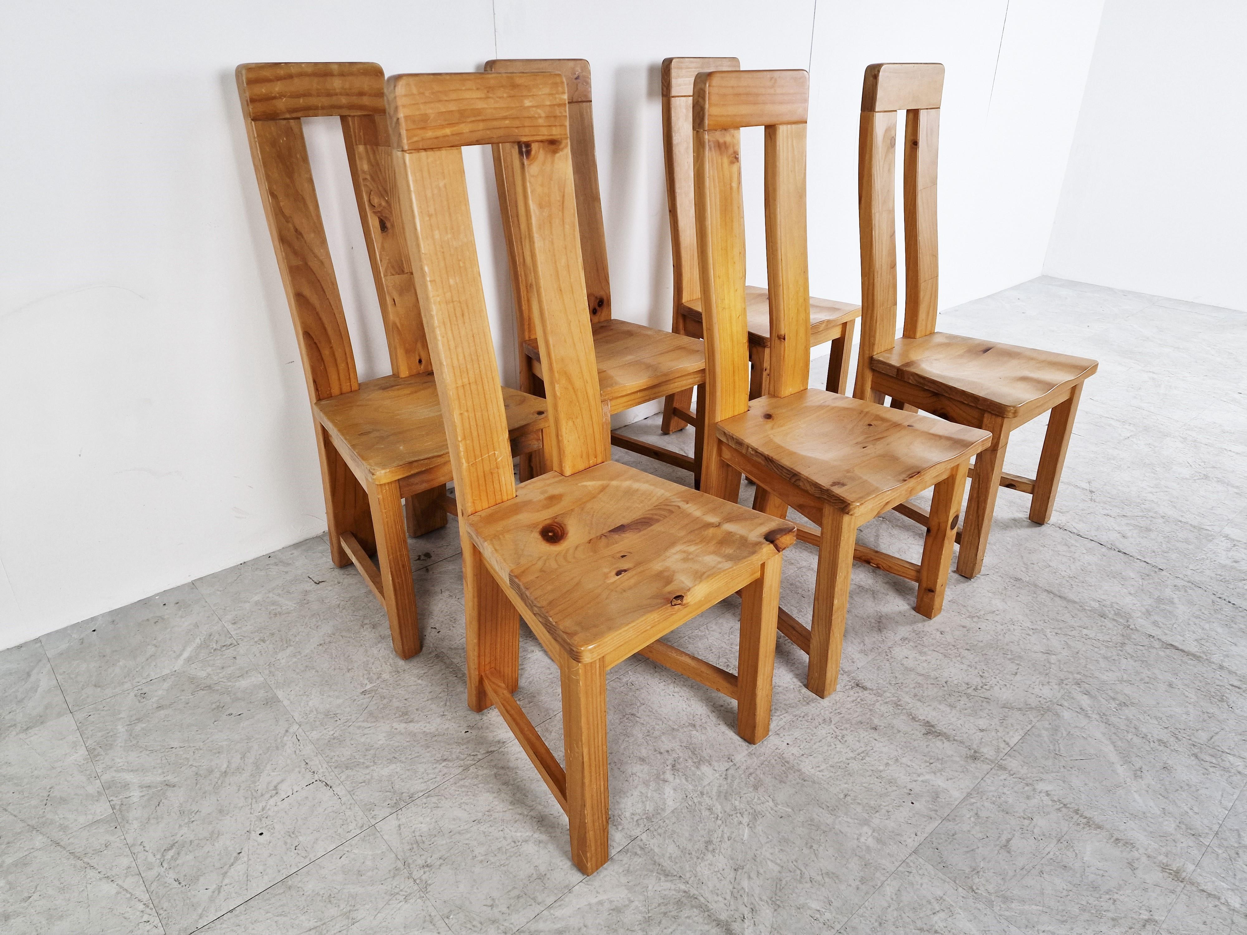 Set of 6 Highback Pine Wood Dining Chairs, 1970s For Sale 3