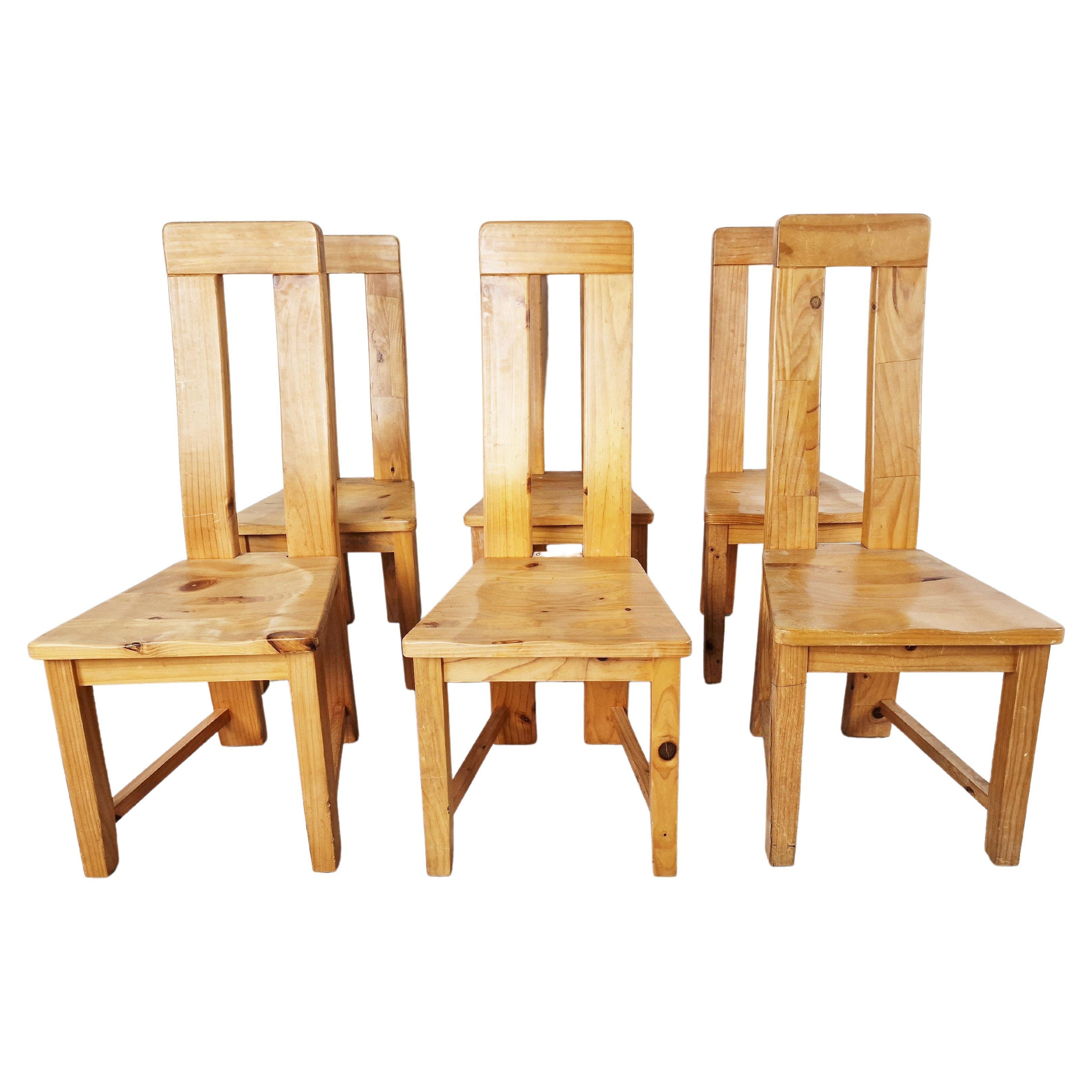 Set of 6 Highback Pine Wood Dining Chairs, 1970s For Sale