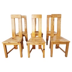 Set of 6 Highback Pine Wood Dining Chairs, 1970s