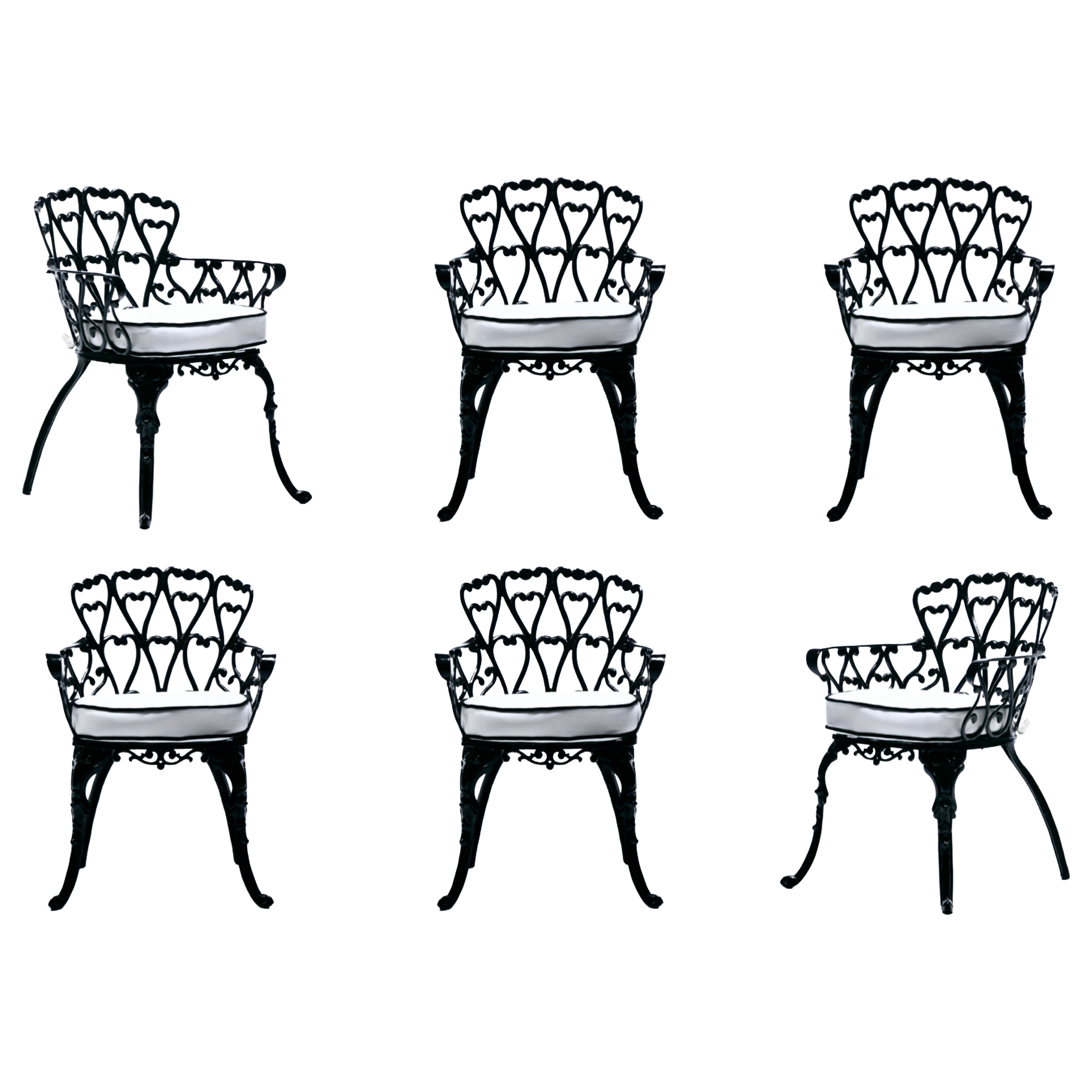 Set of 6 Hollywood Regency Neo Baroque Black Patio Dining Arm Chairs c. 1960