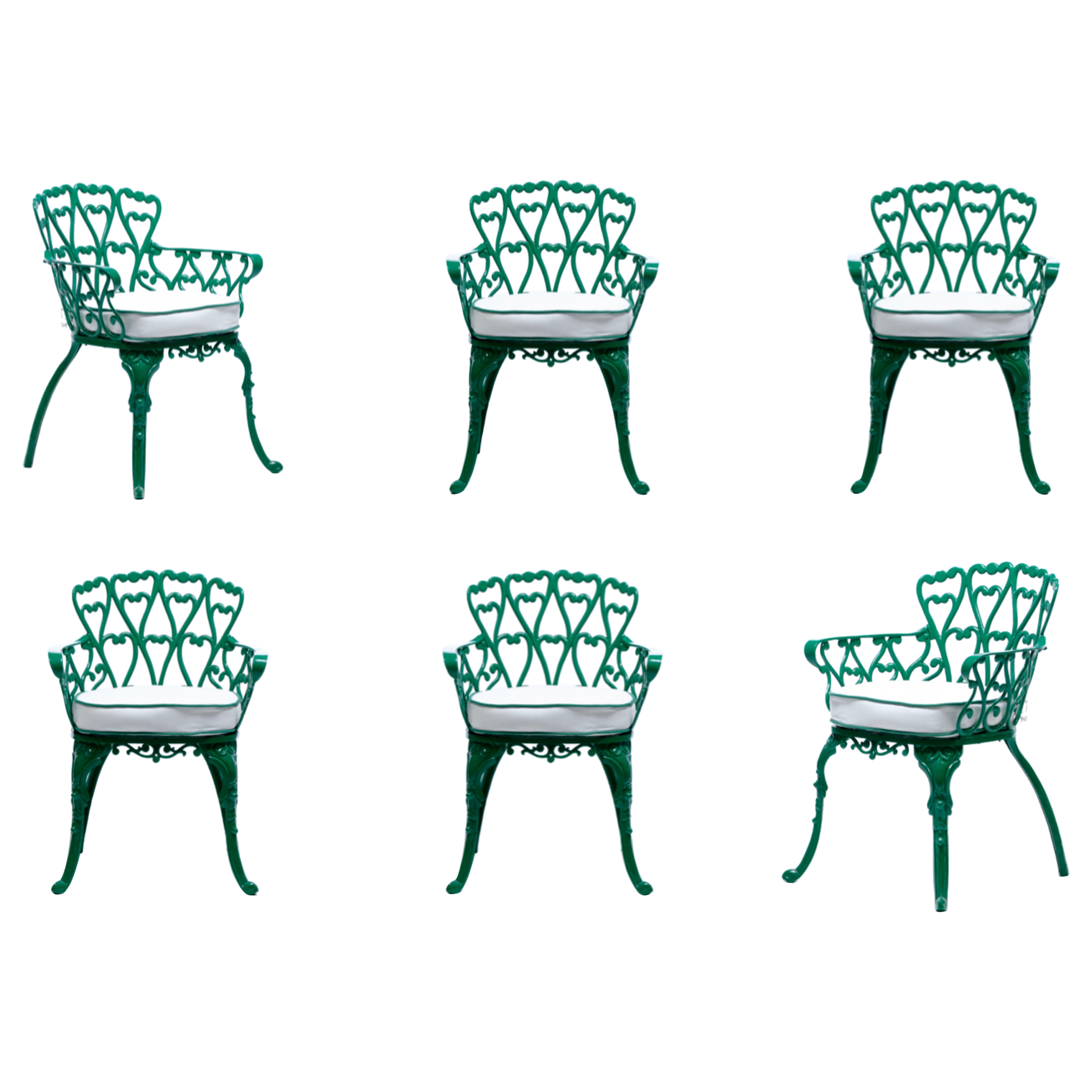 Set of 6 Hollywood Regency Neo Baroque Patio Dining Chairs in Jade Green c. 1960