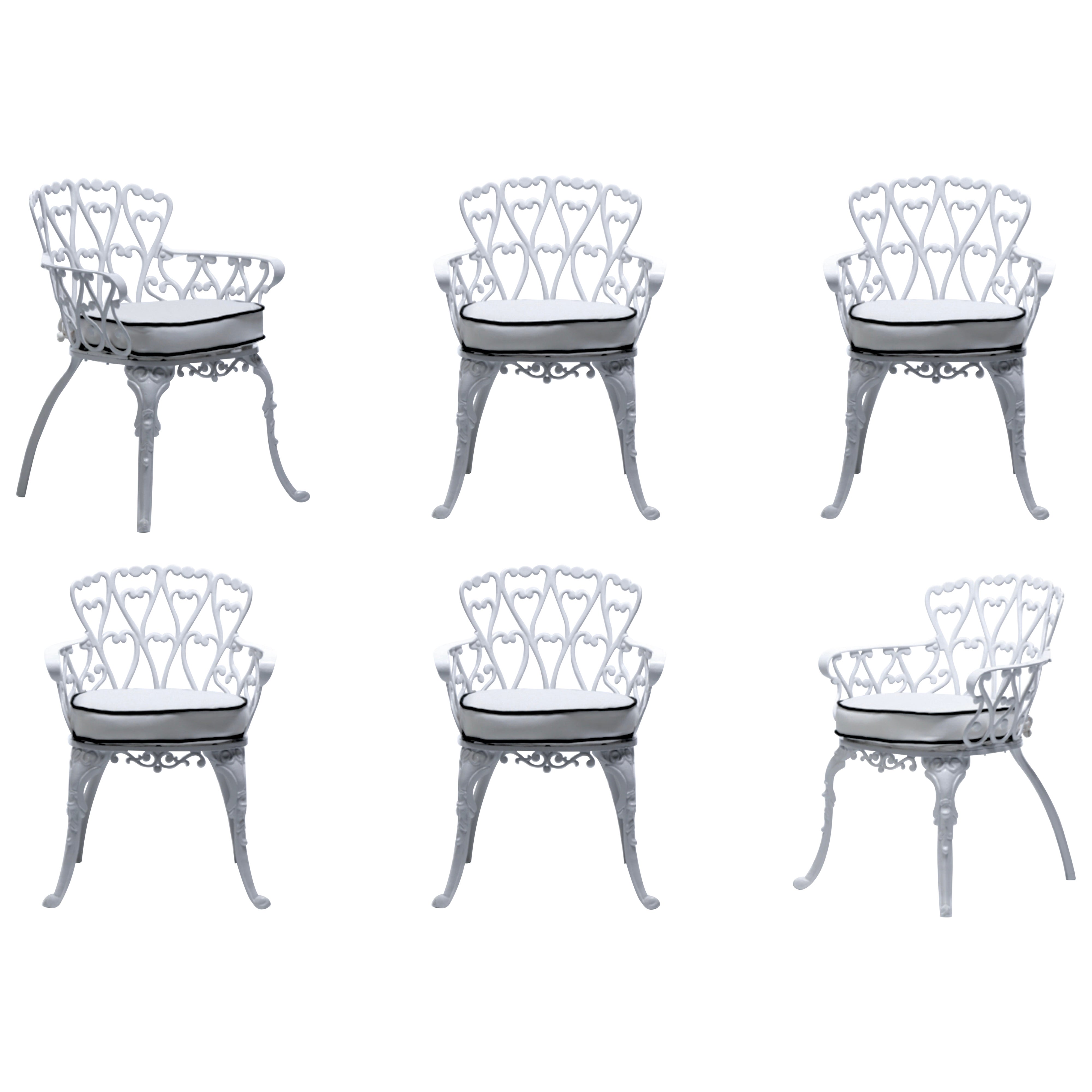 Set of 6 Hollywood Regency Neo Baroque White Patio Dining Arm Chairs c. 1960 For Sale