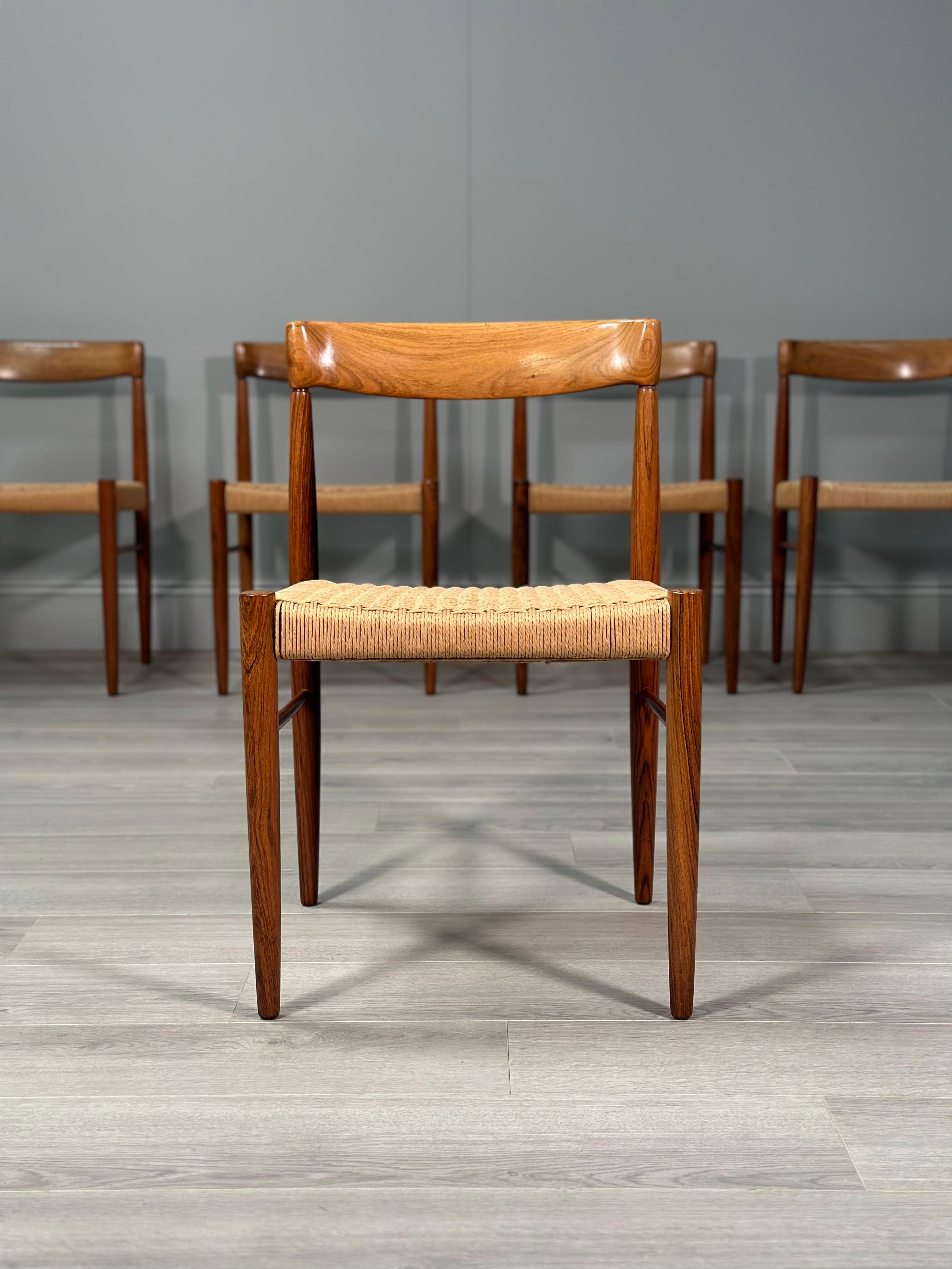 Mid-Century Modern Set Of 6 H.W. Klein Rosewood And Paper Cord Dining Chairs By Bramin