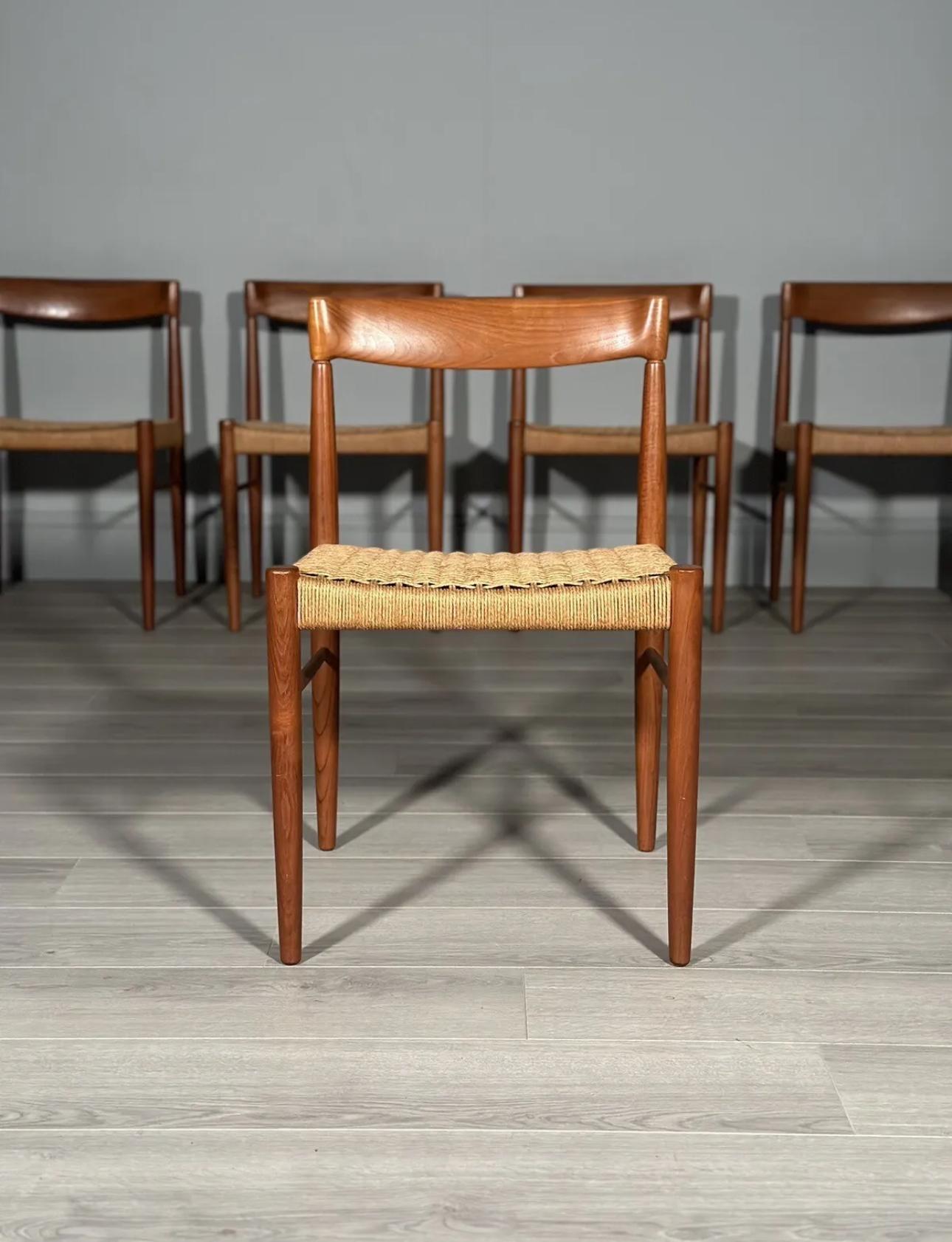 Danish Set Of 6 H.W. Klein Teak And Paper Cord Dining Chairs By Bramin For Sale