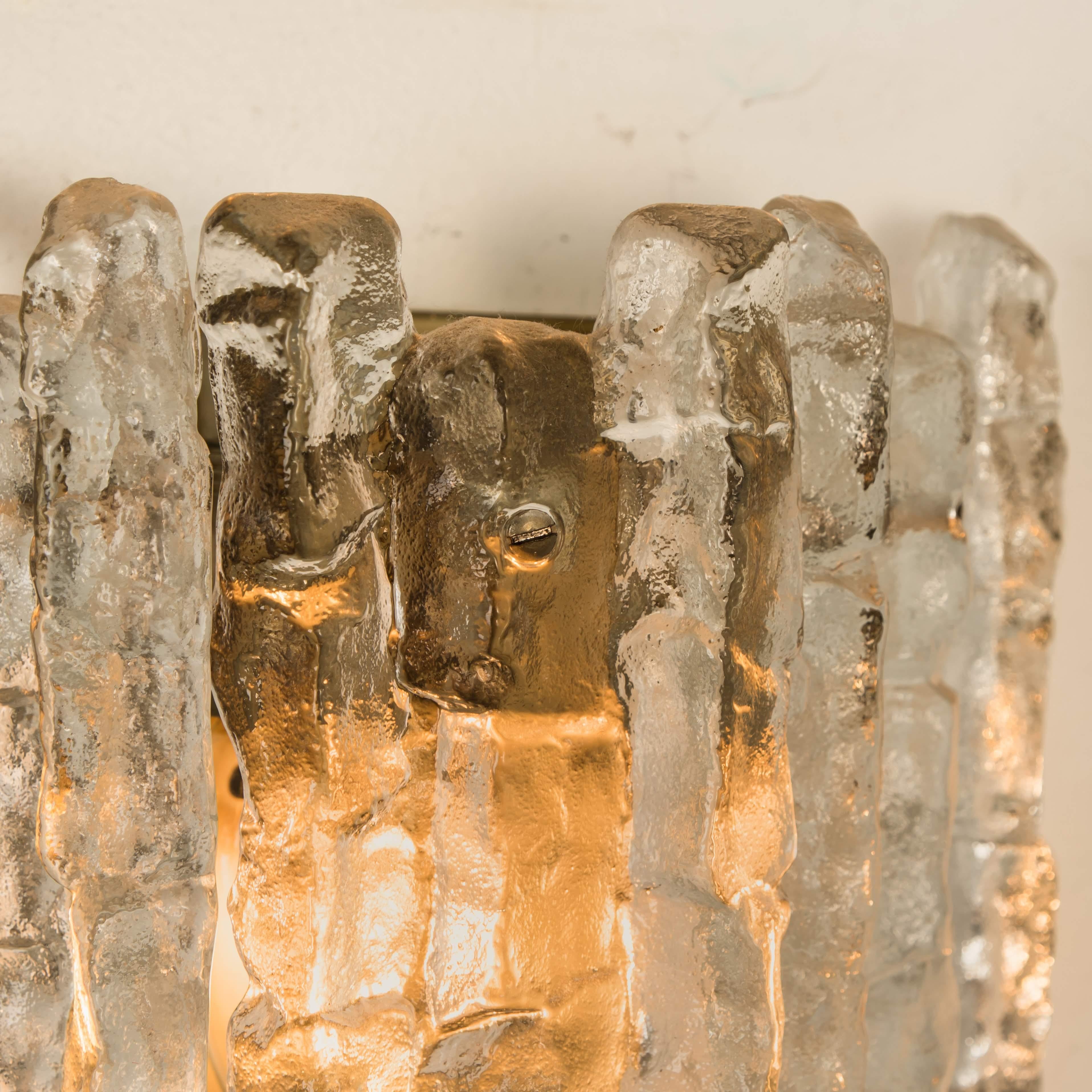 Mid-Century Modern Set of 6 Ice Glass Wall Sconces with Brass Tone by J.T. Kalmar, Austria For Sale