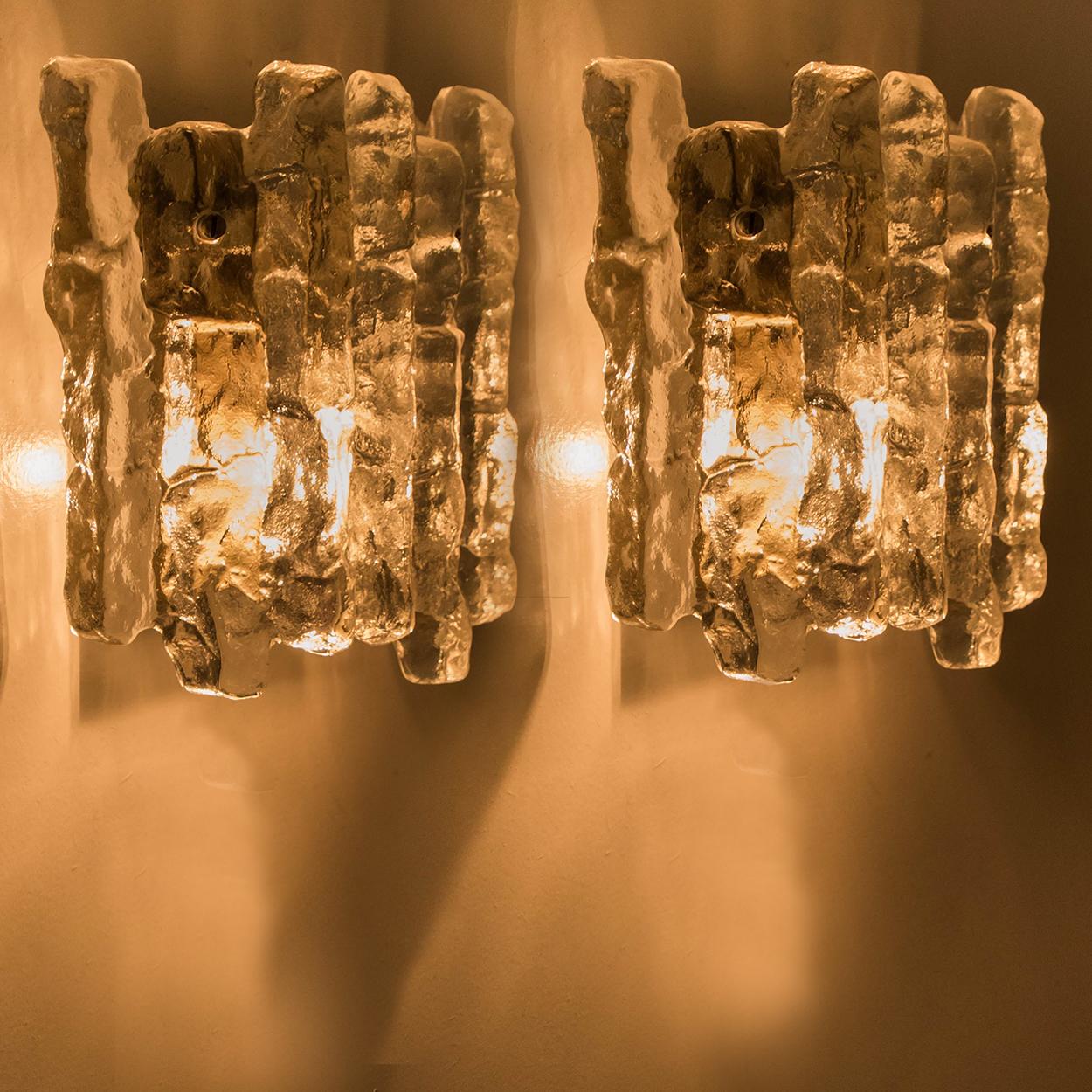 20th Century Set of 6 Ice Glass Wall Sconces with Brass Tone by J.T. Kalmar, Austria For Sale