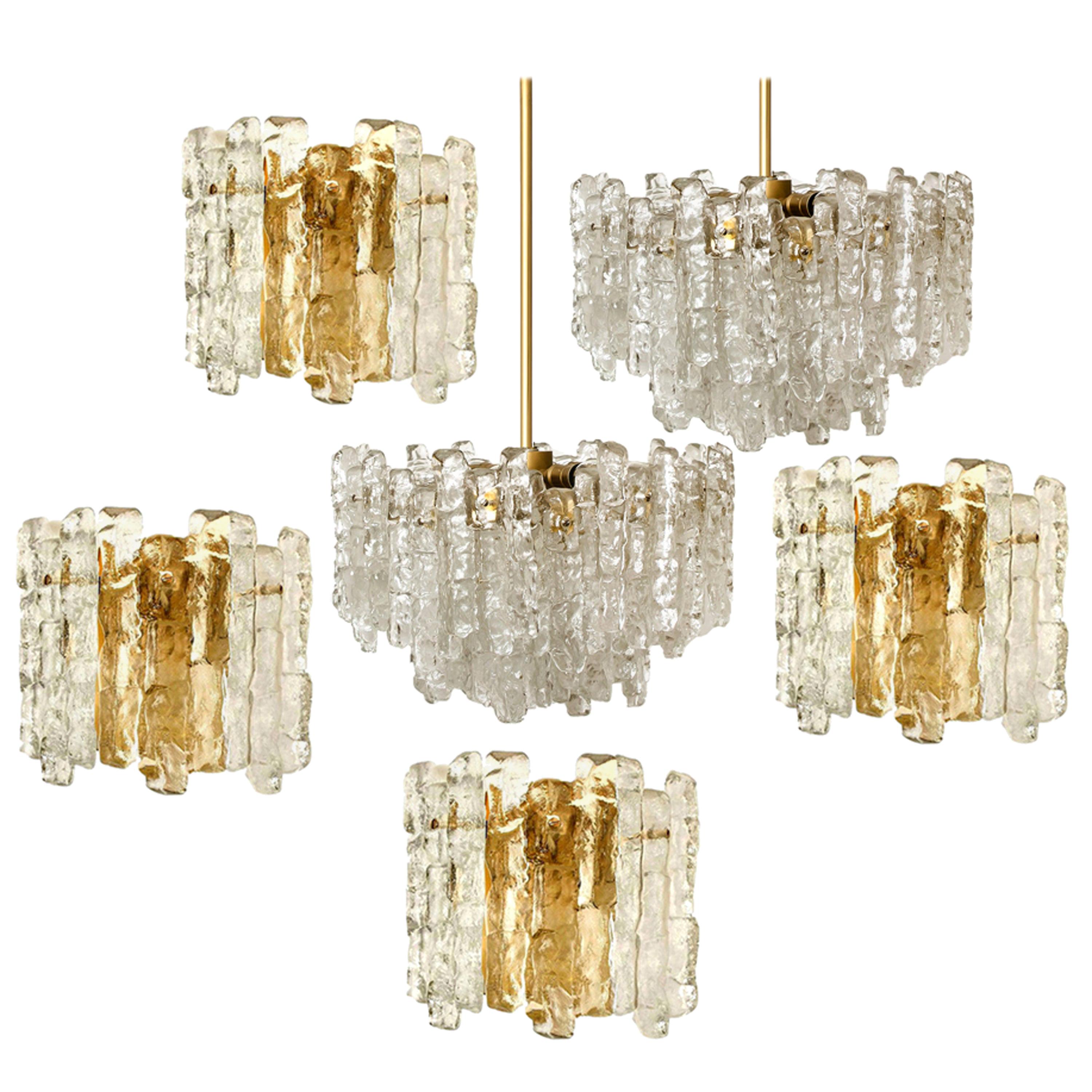 Set of 6 Ice Glass Wall Sconces with Brass Tone by J.T. Kalmar, Austria For Sale