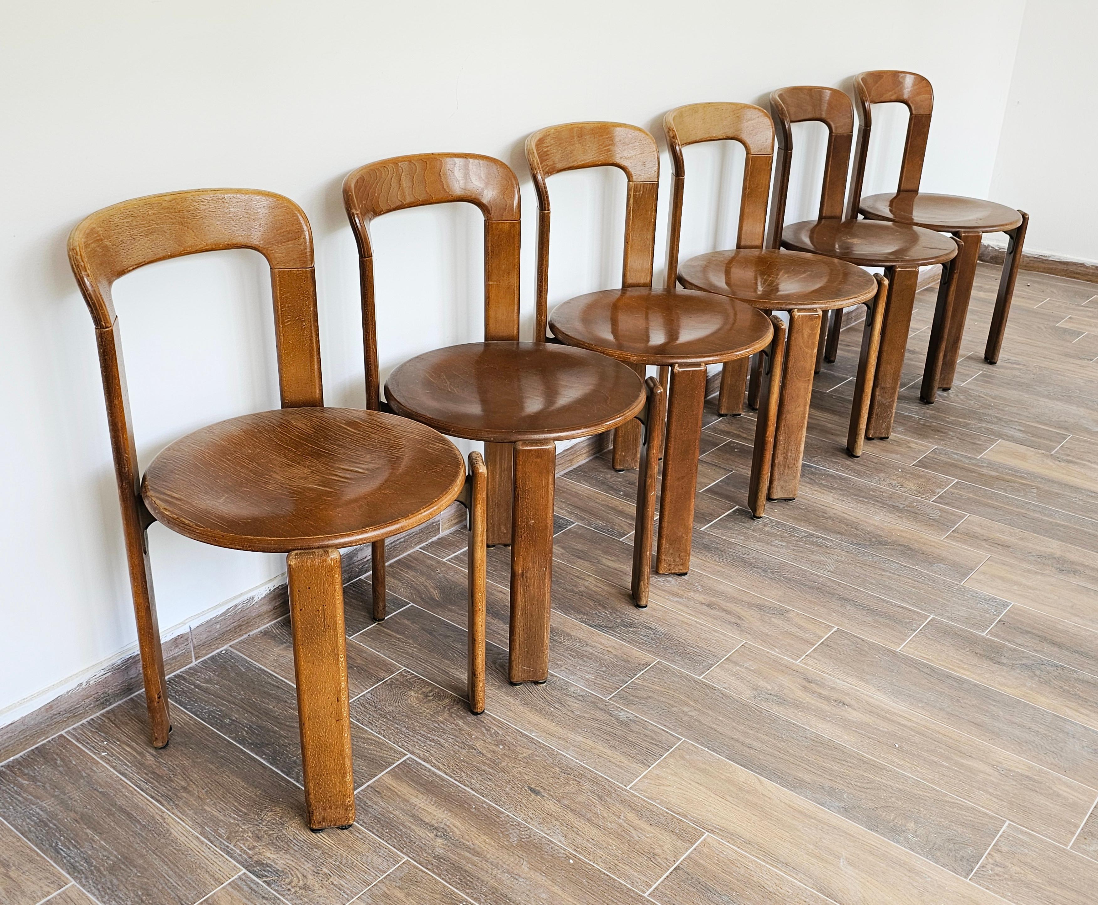 One set of 6 chairs available.

In this listing you will find a set of 6 Mid Century Modern iconic dining chairs, known as Rey Chairs. They were designed by Bruno Rey for Dietiker. Manufacturer's label is attached to the bottom of each chair. Made