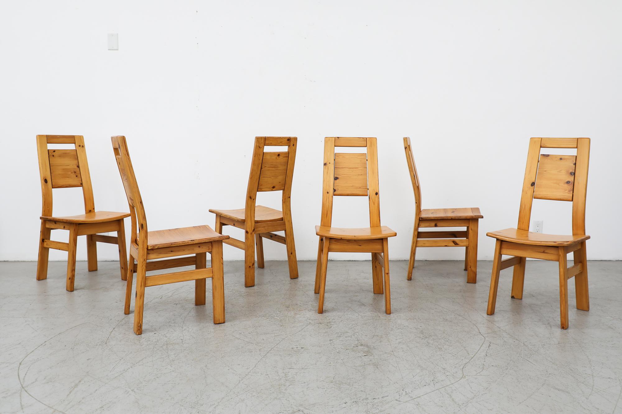 Nice set of 6 pine high back dining chairs by IImari Tapiovaara for Laukaan Puu, Finland 1960's. In good original condition, with nice golden patina and wear that is consistent with their with age and use. Priced as a set of 6. Table listed