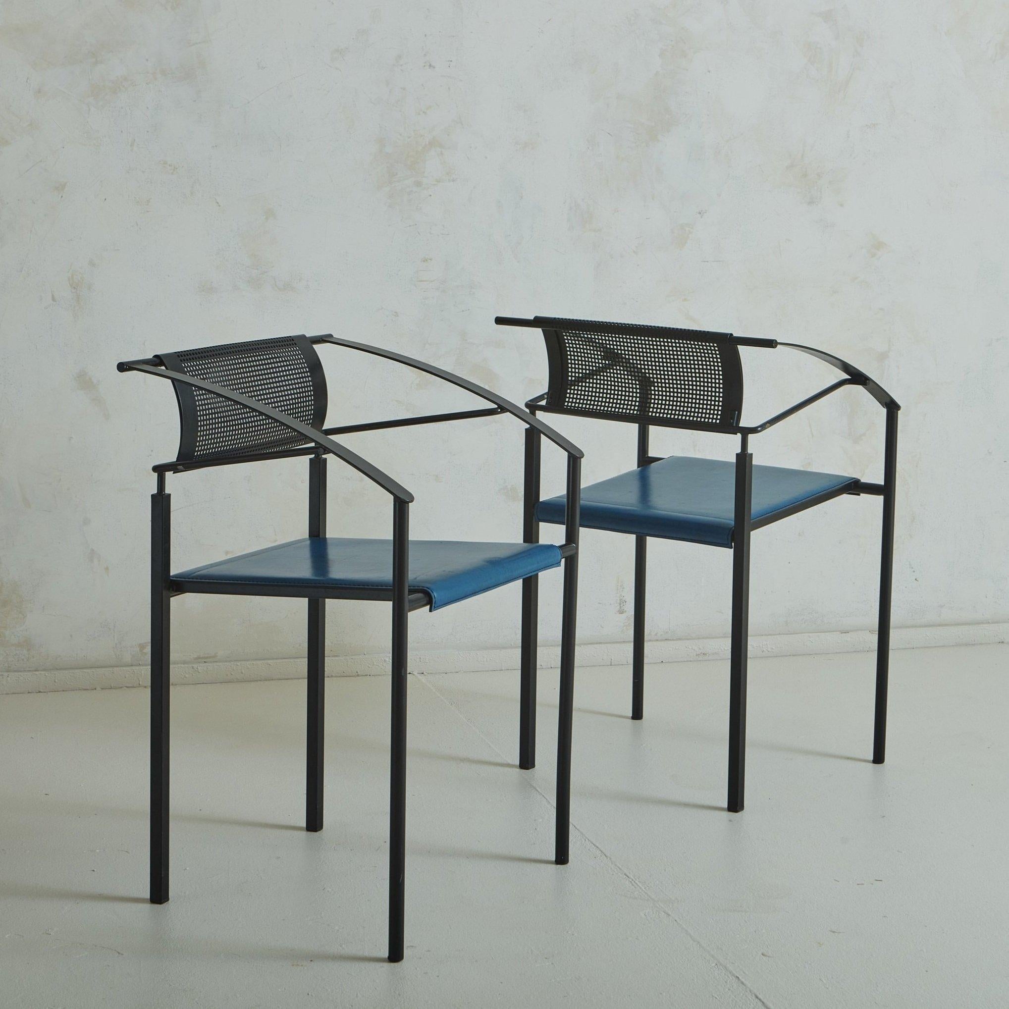 Post-Modern Set of 6 Iron ‘Carrè VI’ Chairs in Blue Leather by Fly Line, Italy 1990s For Sale