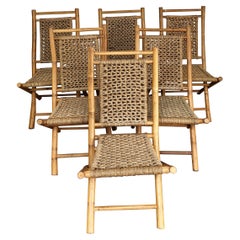 Ensemble de 6 chaises pliantes italiennes des années 1960 en bois et corde tissée en corde, style mi-siècle