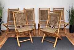 Ensemble de 6 chaises pliantes italiennes des années 1960 en bois et corde tissée en corde, style mi-siècle