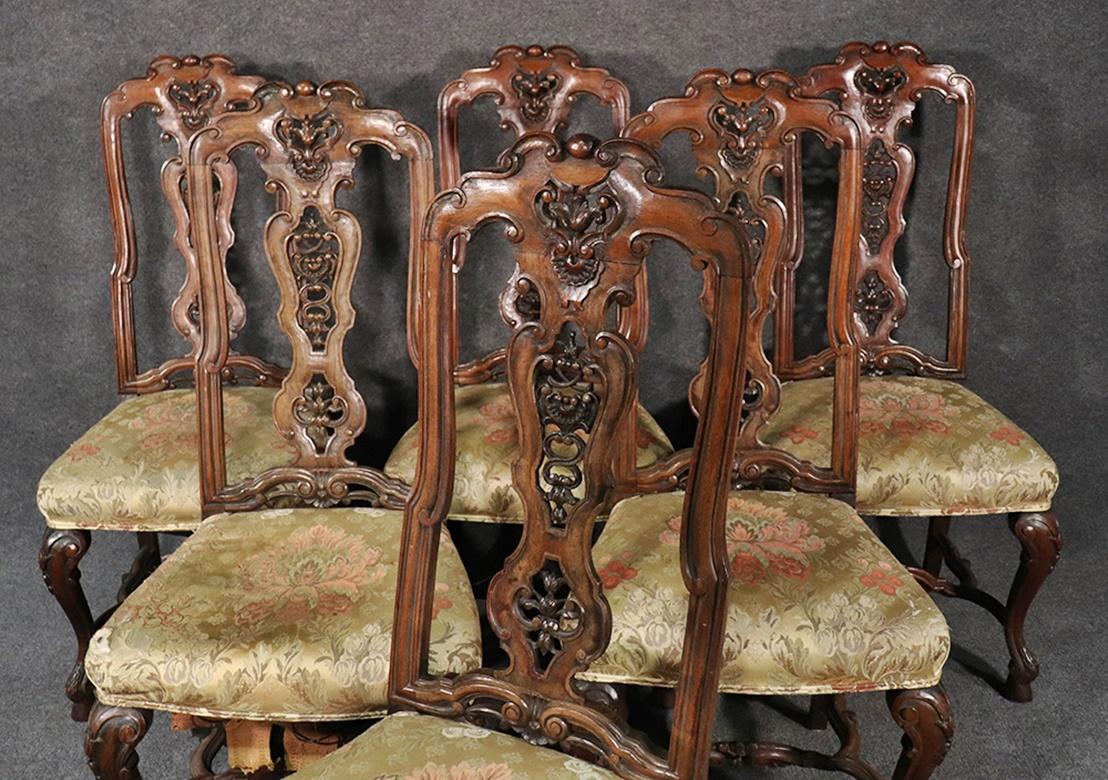 Victorian Set of 6 Italian Antique 1890s Era Carved Walnut Tall Back Dining Chairs