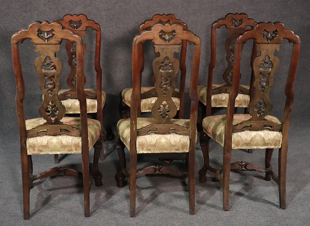 Upholstery Set of 6 Italian Antique 1890s Era Carved Walnut Tall Back Dining Chairs