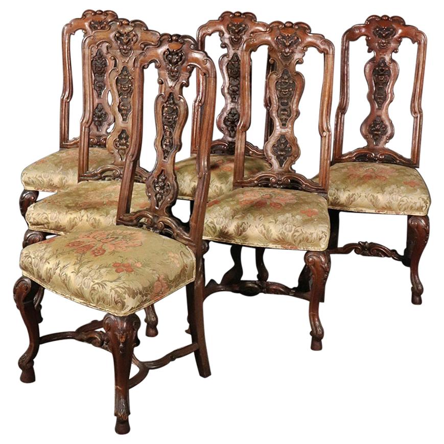 Set of 6 Italian Antique 1890s Era Carved Walnut Tall Back Dining Chairs