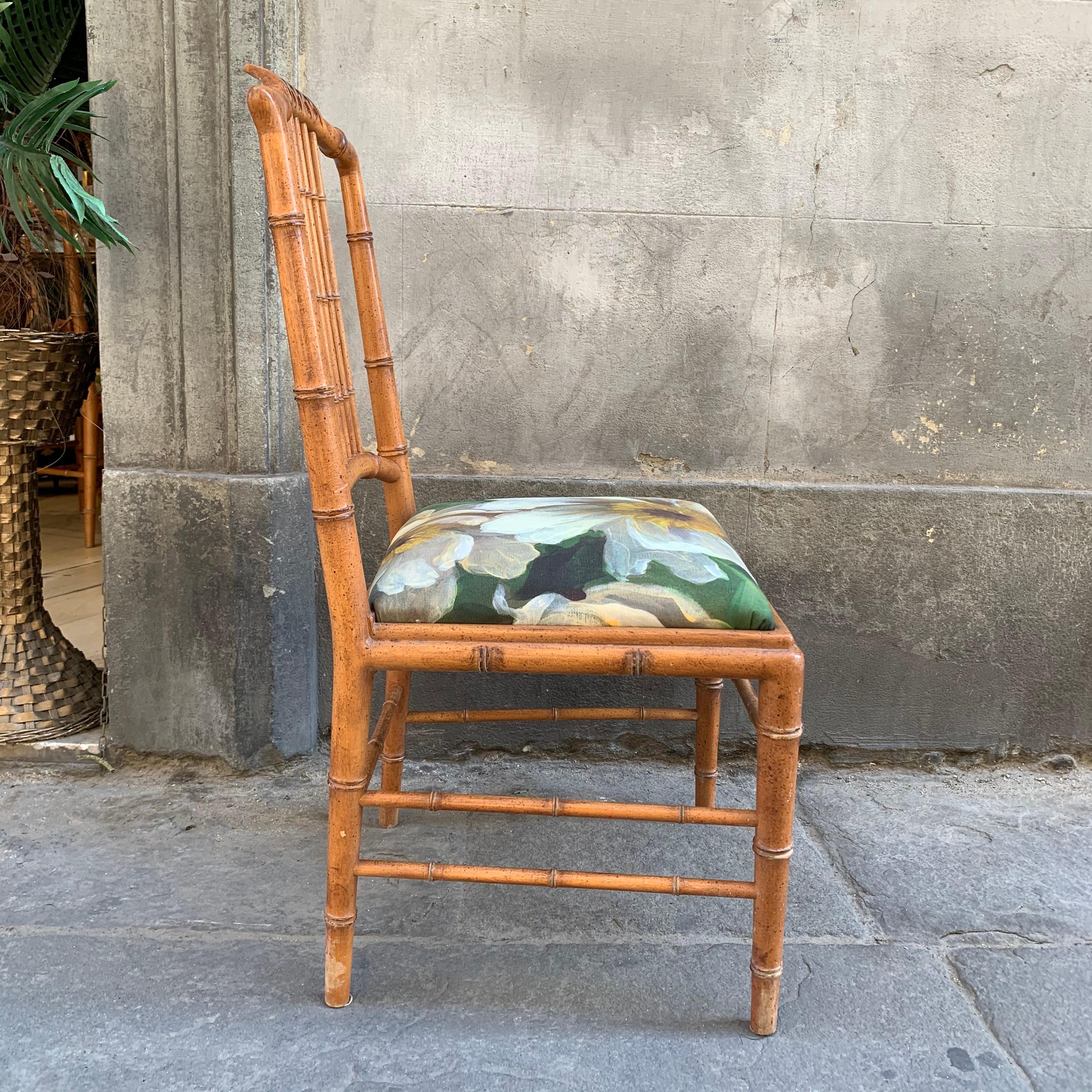 Set of 6 Italian Bamboo Dining Chairs Newly Upholstered in Floral Fabric, 1950s 8