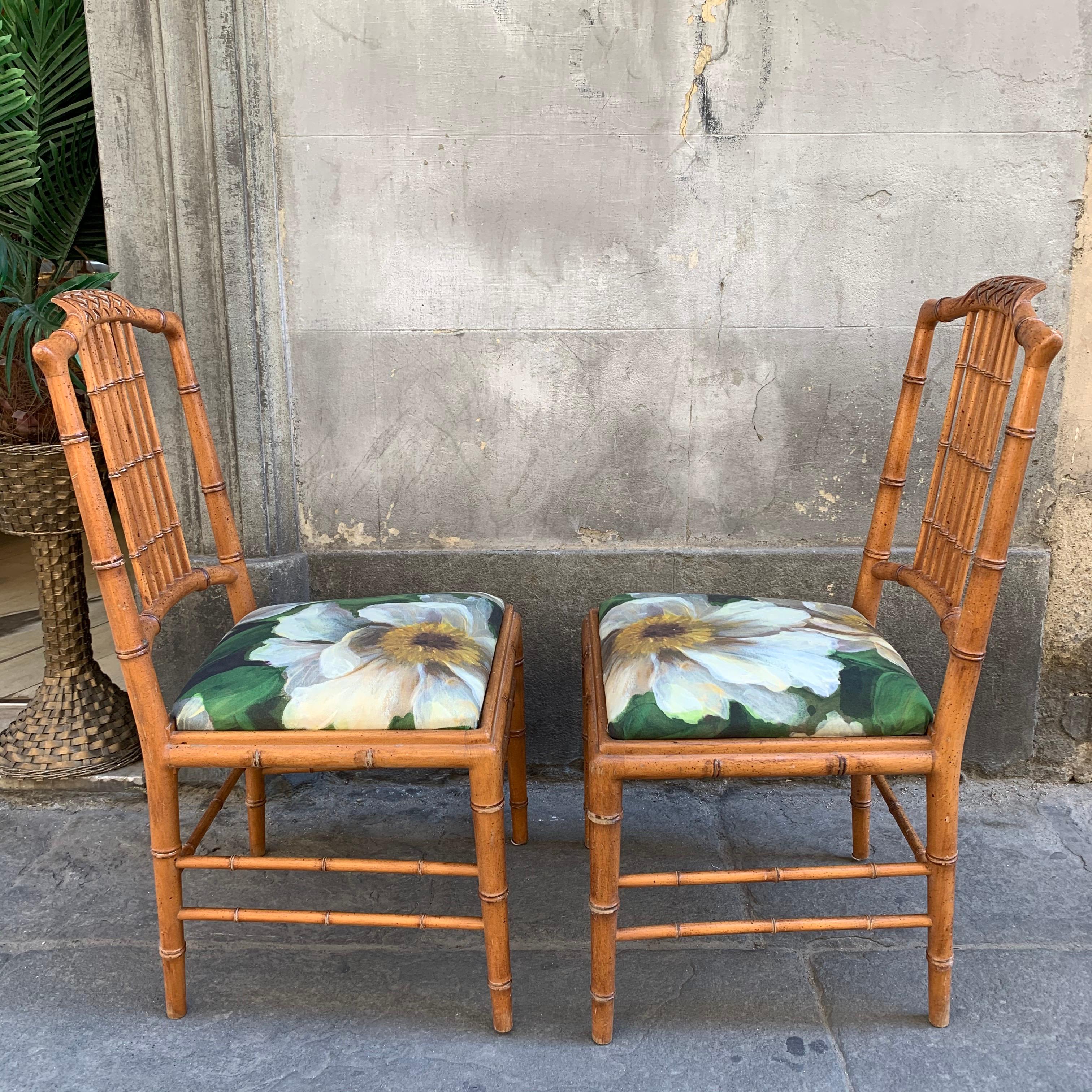 Set of 6 Italian Bamboo Dining Chairs Newly Upholstered in Floral Fabric, 1950s 10