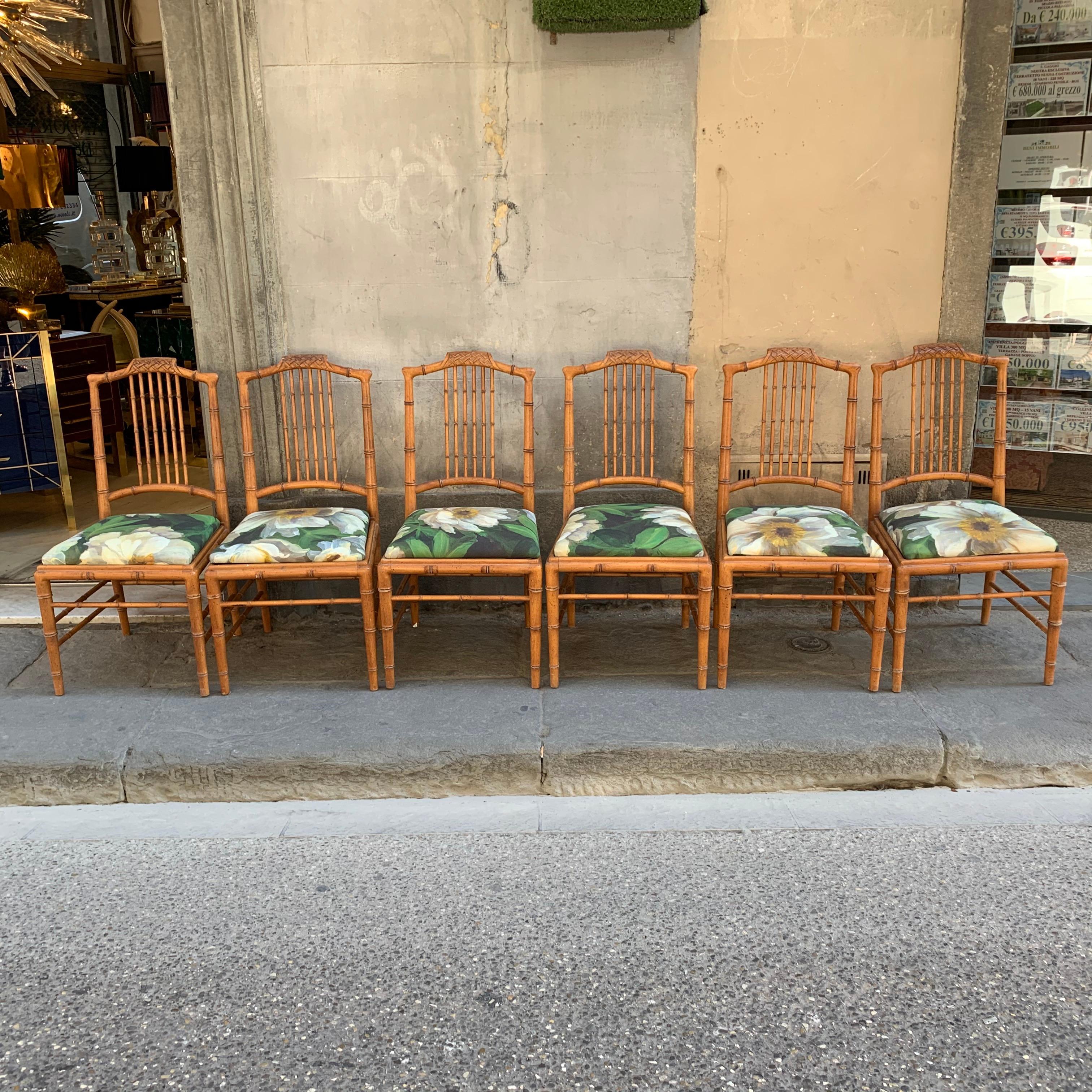 Set of 6 Italian Bamboo Dining Chairs Newly Upholstered in Floral Fabric, 1950s 1