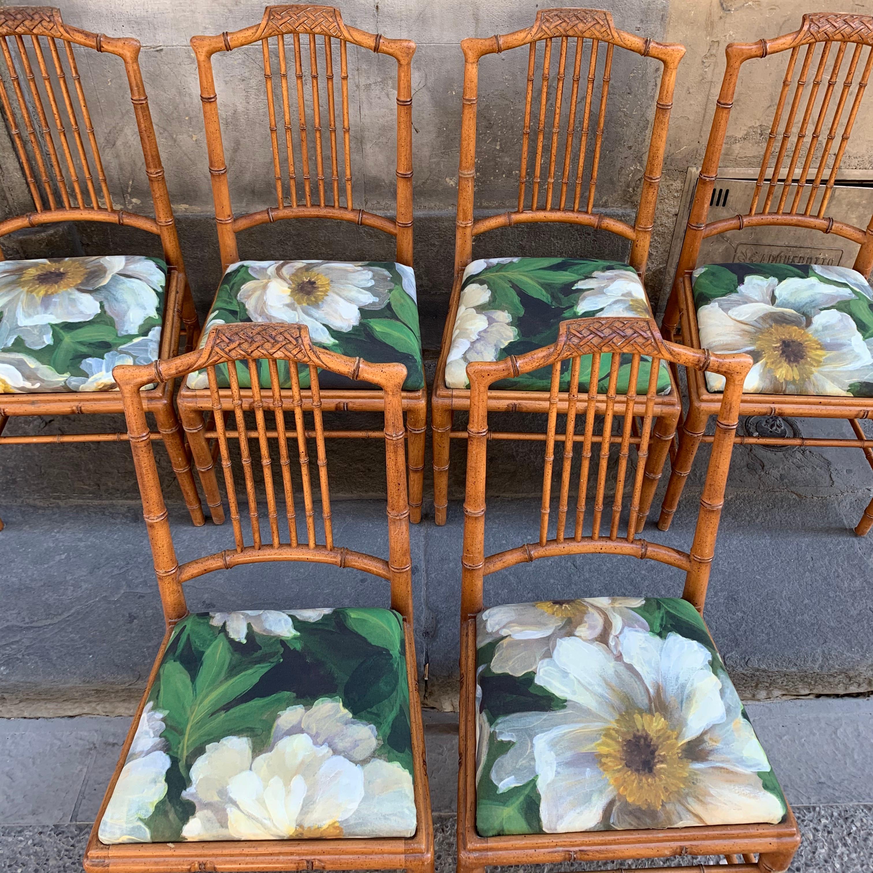 Set of 6 Italian Bamboo Dining Chairs Newly Upholstered in Floral Fabric, 1950s 2