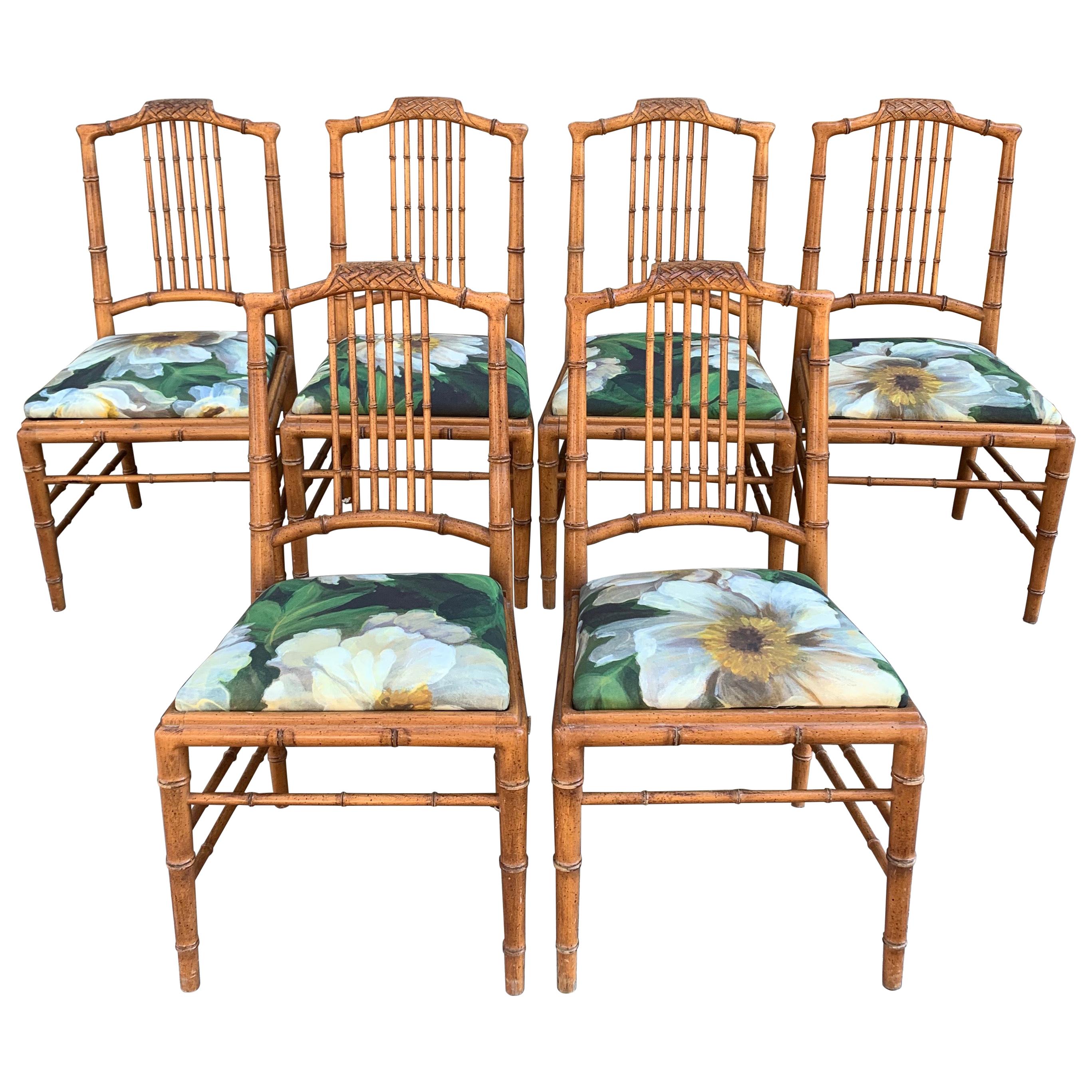 Set of 6 Italian Bamboo Dining Chairs Newly Upholstered in Floral Fabric, 1950s